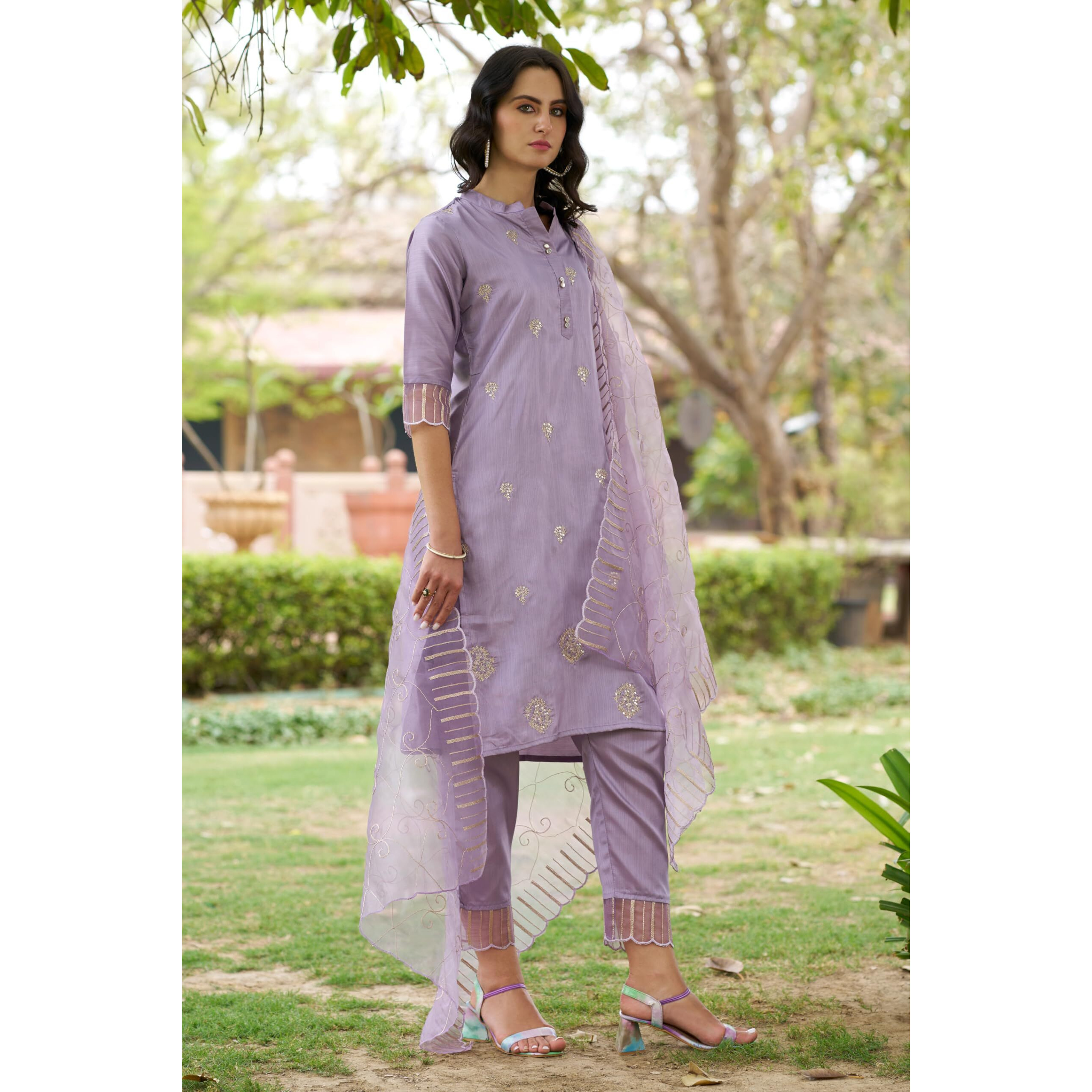 Vredevogel Women's Silk Blend Embroidered Kurta With Pant & Dupatta Set (Lavender-Large)