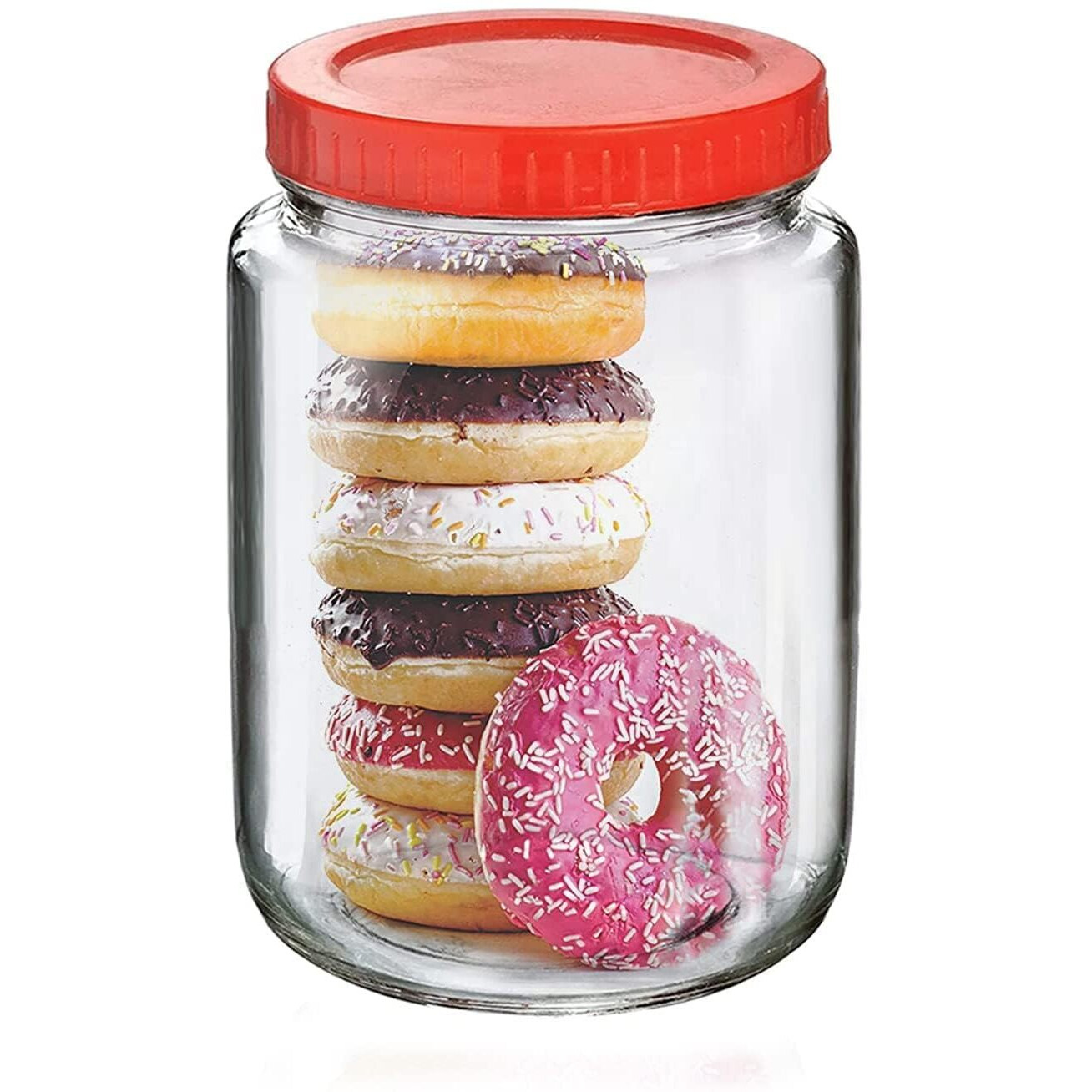 Cloudmart Yera Glass Round 1Kg Containers For Kitchen Pantry, Snacks, Masala, Honey, Pickles, Cookies, Dry Fruits, And Coffee Beans Storage With Plastic Red Lid (1000Ml, Set Of 6)