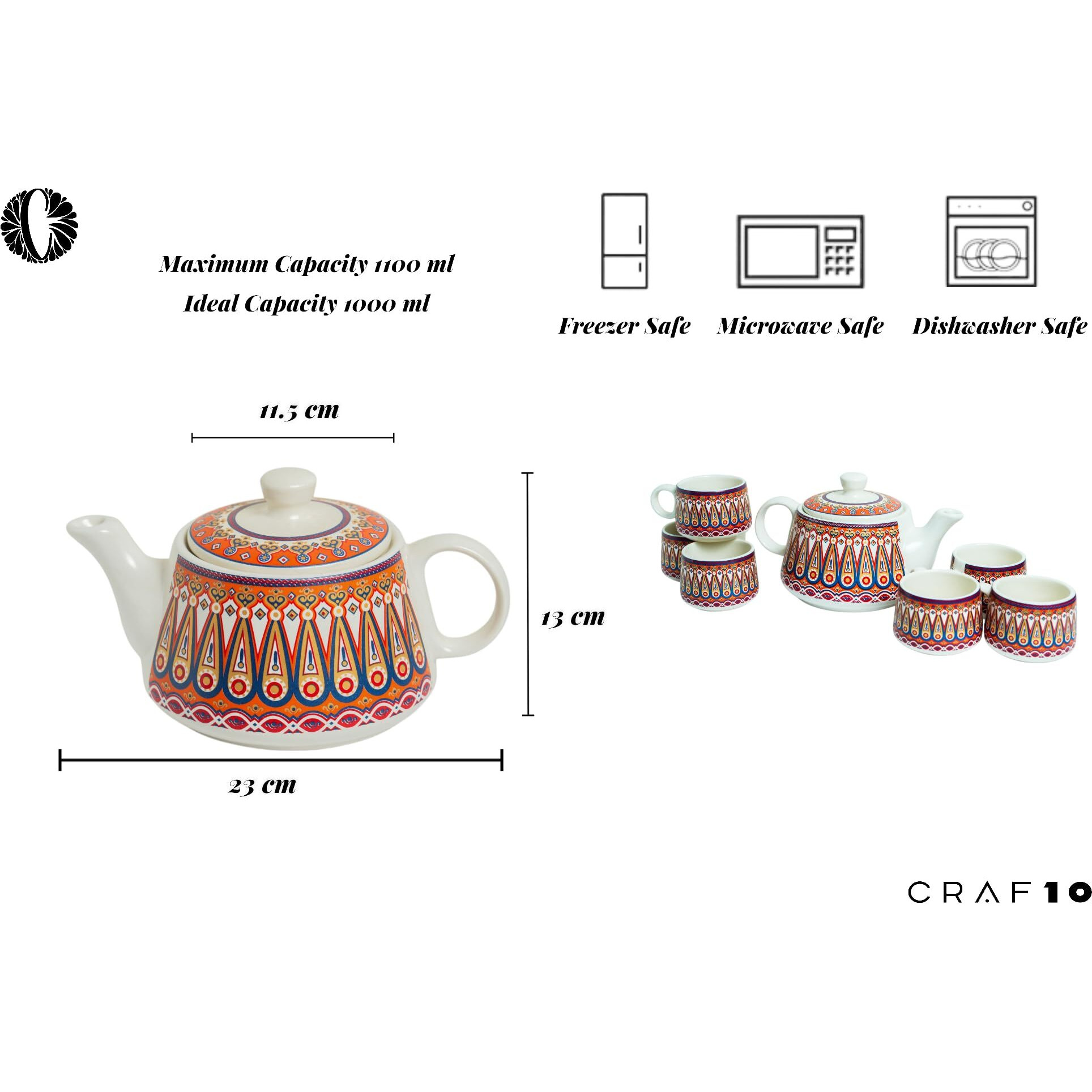 Craf10 Color Bliss Ceramic Tea Set - 1 Kettle (900 Ml) & 6 Cups (180 Ml), Elegant, Microwave & Dishwasher Safe