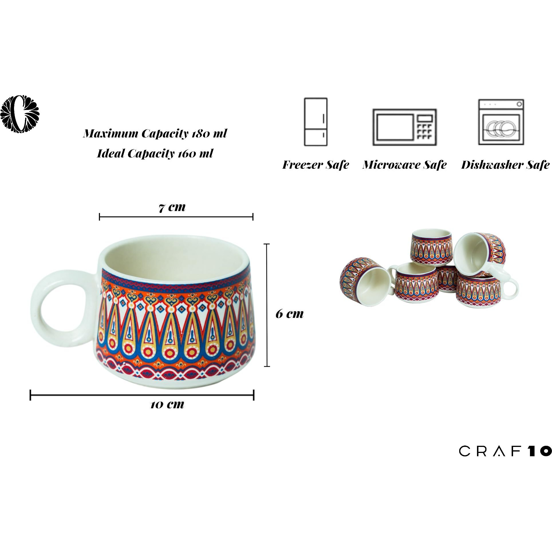Craf10 Color Bliss Ceramic Tea Set - 1 Kettle (900 Ml) & 6 Cups (180 Ml), Elegant, Microwave & Dishwasher Safe
