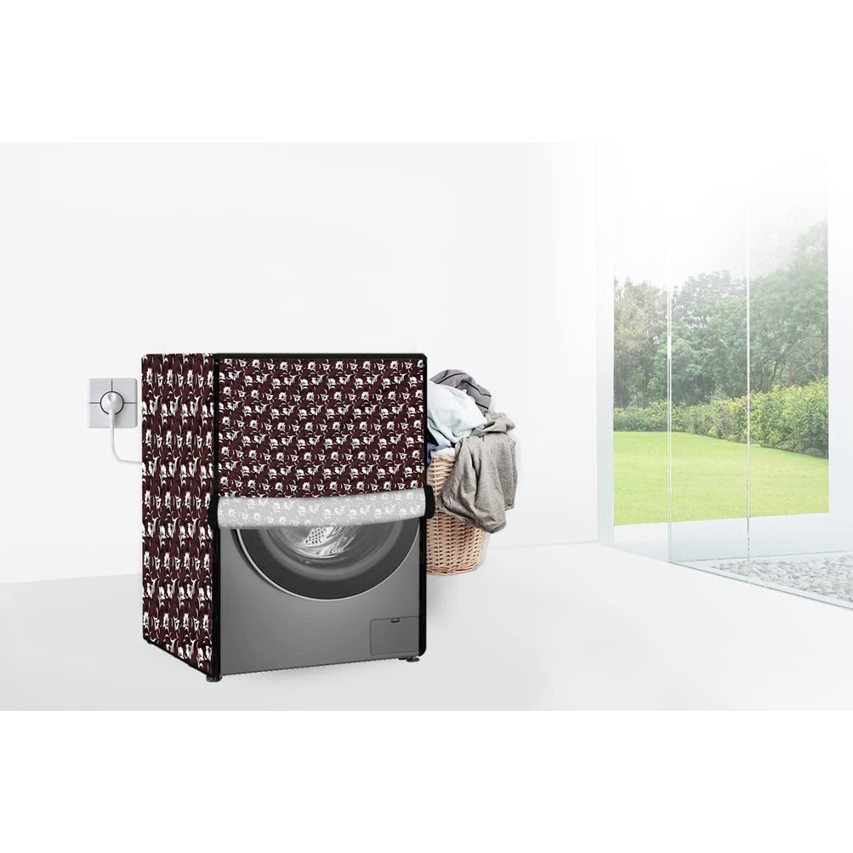 Stylista Polyester Washing Machine Cover Compatible For Samsung 9 Kg Fully-Automatic Front Loading Ww90K6410Qx, Floral Pattern Coffee Brown