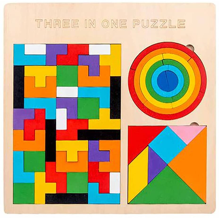 Clapone Wooden Blocks Puzzle Game, 3-In-1 Russian Blocks, Octagon Puzzle, Tangrams Puzzles, Brain Teasers Toy Logic Game, Montessori Stem Educational Toys Present For Kids And Adults
