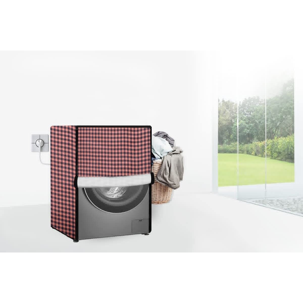 Stylista Polyester Washing Machine Cover Compatible For Samsung 7 Kg Fully-Automatic Front Loading Ww70T502Dax, Gingham Pattern Coffee