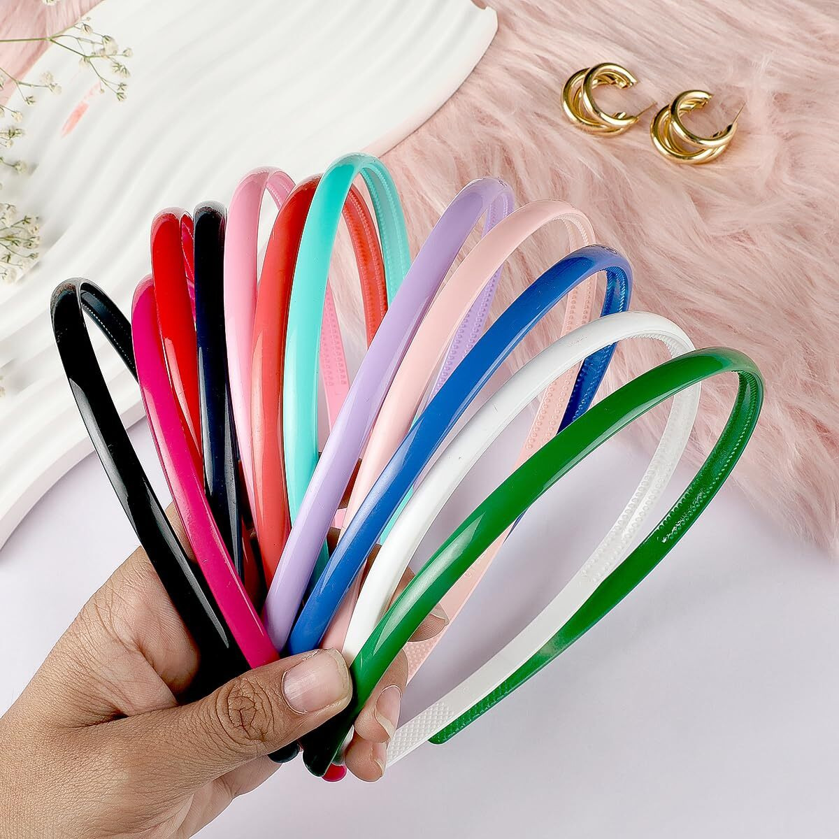 Seeotwo 12 Pieces Premium Plastic Hairband Sports Yoga Multi Style Non-Slip Multi Colour Glossy Korean Headband Unisex Fashion Adjustable Hair Band For Women, Girls, Teens, Men (Multicolor, 12)