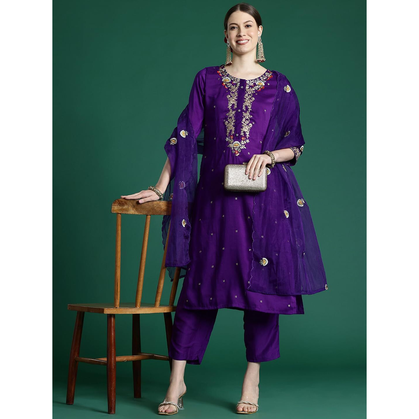 Indo Era Women's Purple Silk Blend Embroidered Straight Kurta & Pant With Dupatta Set (Kh9Pr6019_Xx-Large)