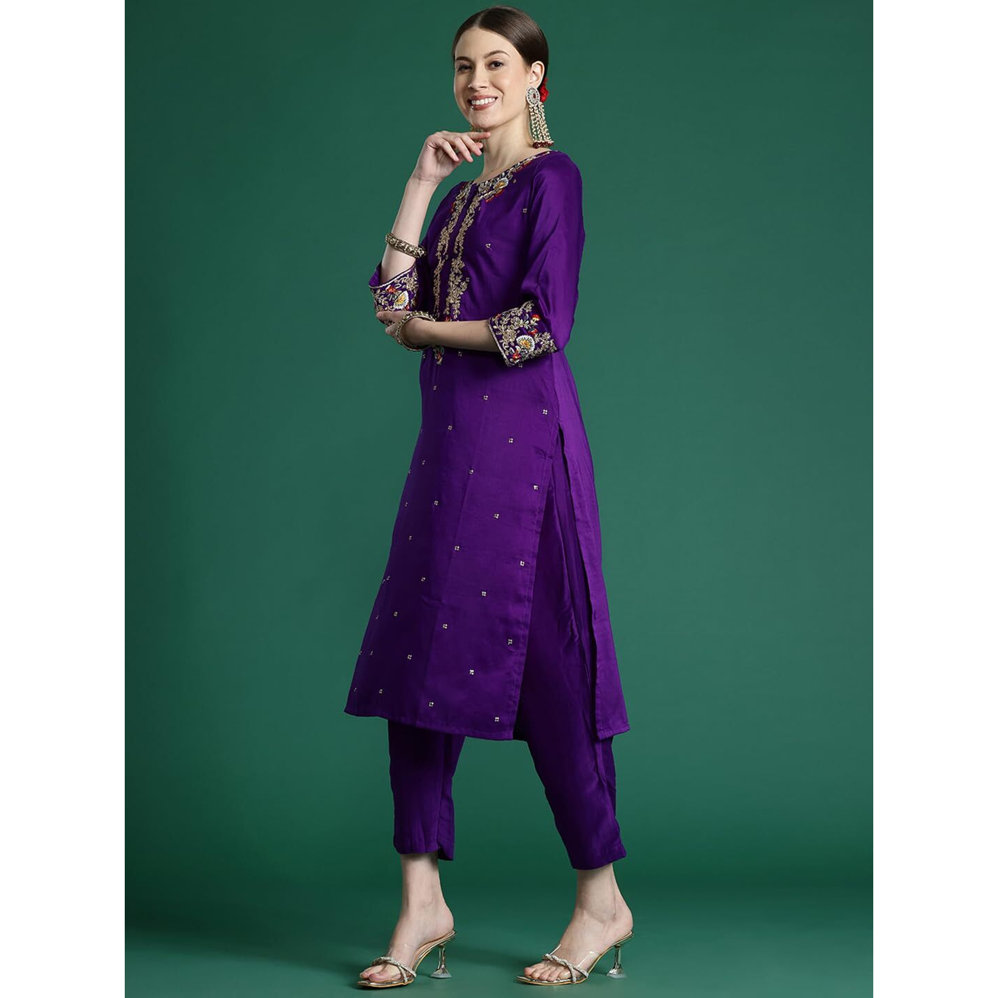 Indo Era Women's Purple Silk Blend Embroidered Straight Kurta & Pant With Dupatta Set (Kh9Pr6019_Xx-Large)