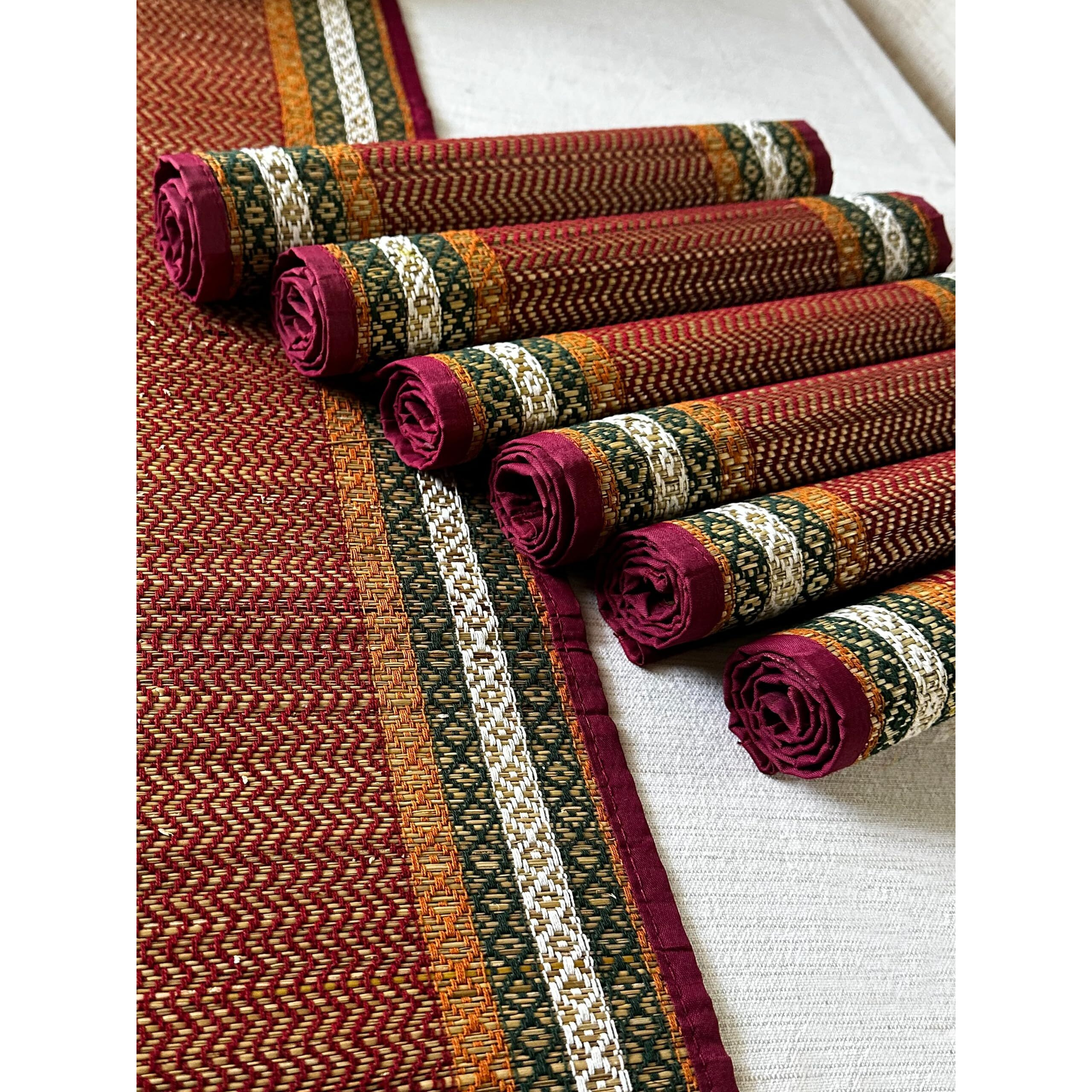 Kalatree Handmade River Grass Dining Table Mats Set Of 6 Pieces & Runner | Heat Resistant Korai Grass Dining Mats | Natural Eco Friendly Madurkathi Placemats For Dining Table | Joyful Tablemats