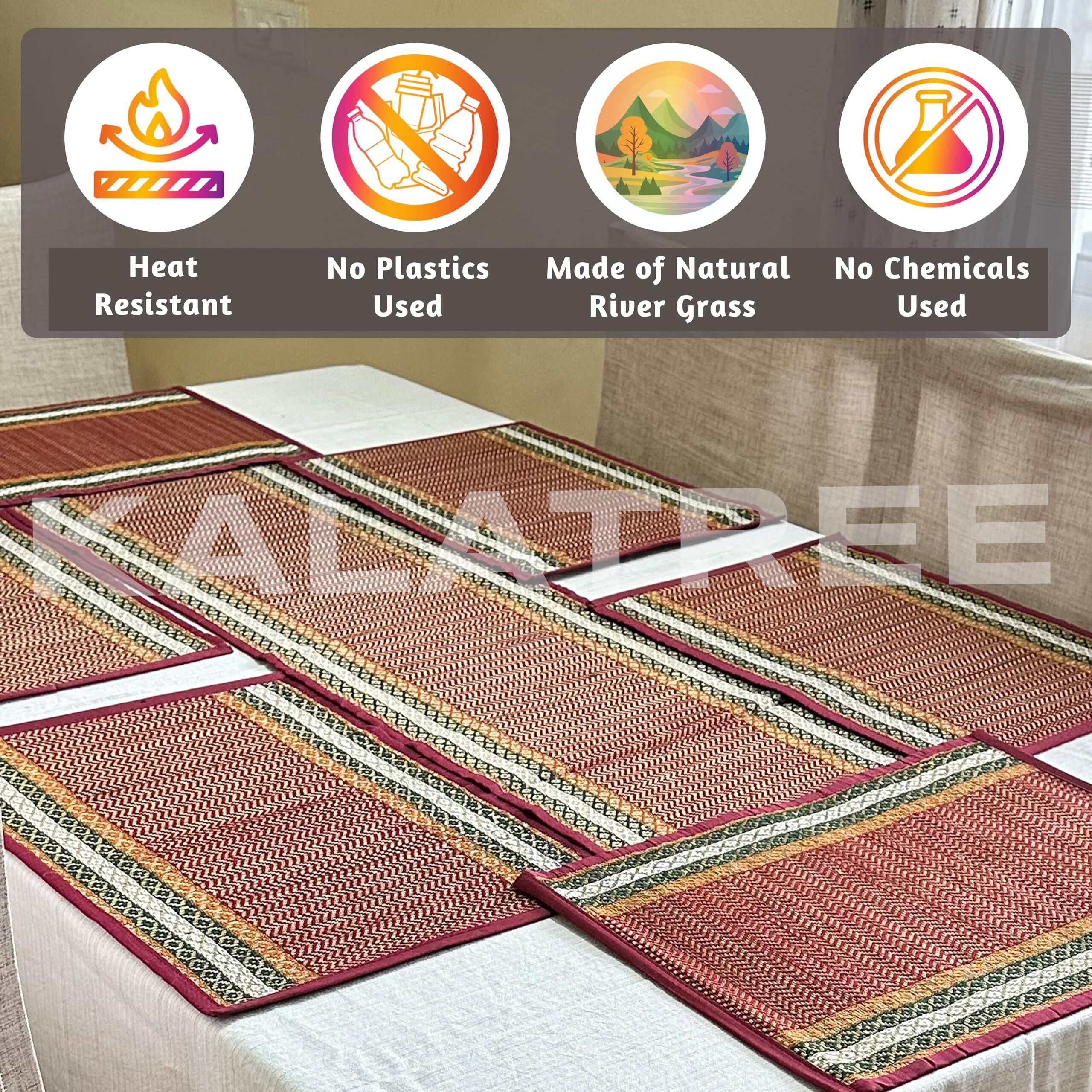 Kalatree Handmade River Grass Dining Table Mats Set Of 6 Pieces & Runner | Heat Resistant Korai Grass Dining Mats | Natural Eco Friendly Madurkathi Placemats For Dining Table | Joyful Tablemats