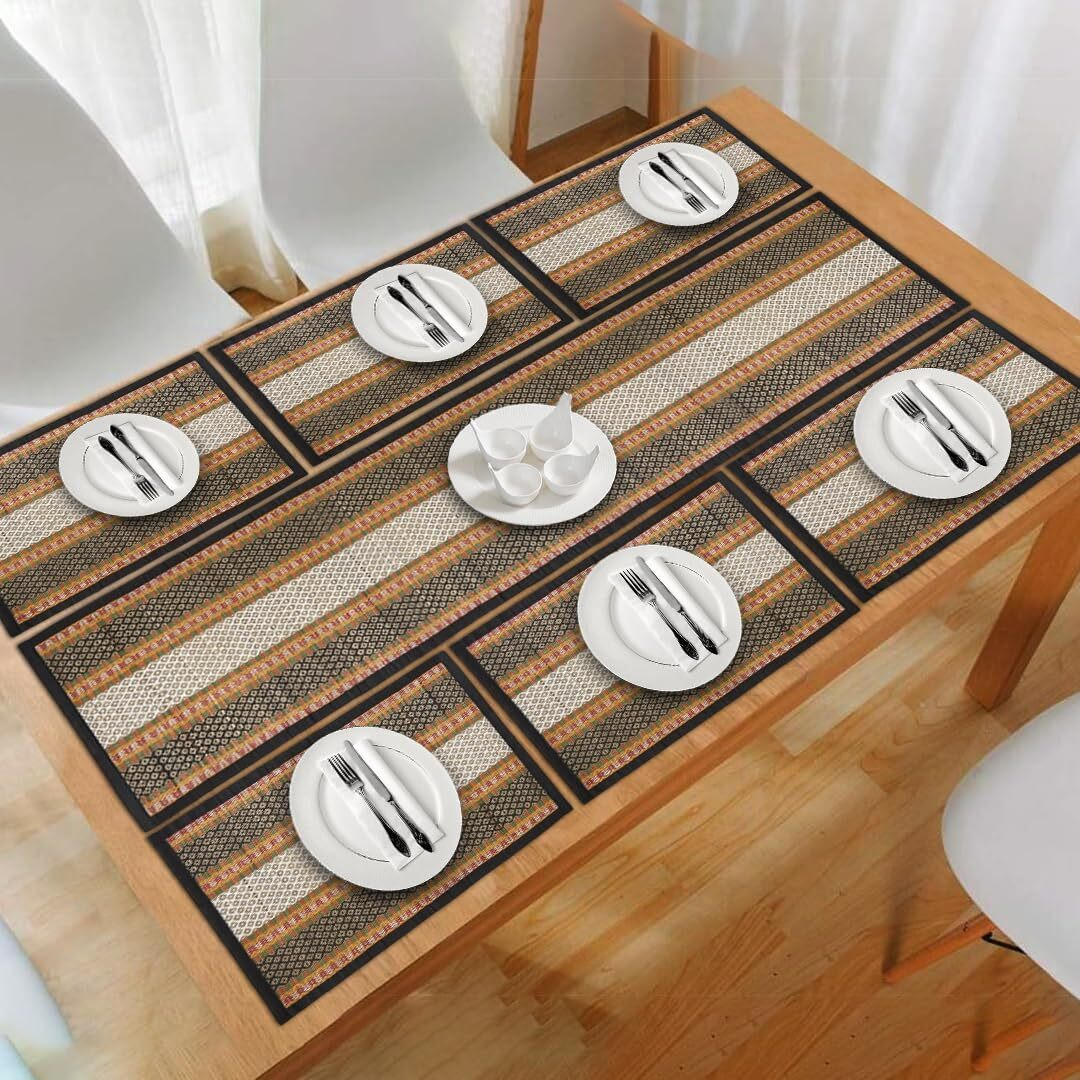 Kalatree Handmade River Grass Dining Table Mats Set Of 6 Pieces & Runner | Heat Resistant Korai Grass Dining Mats | Natural Eco Friendly Madurkathi Placemats For Dining Table | Royal Tablemats