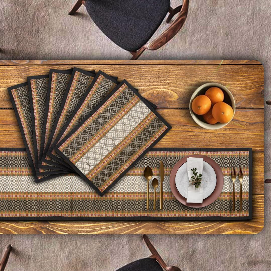 Kalatree Handmade River Grass Dining Table Mats Set Of 6 Pieces & Runner | Heat Resistant Korai Grass Dining Mats | Natural Eco Friendly Madurkathi Placemats For Dining Table | Royal Tablemats