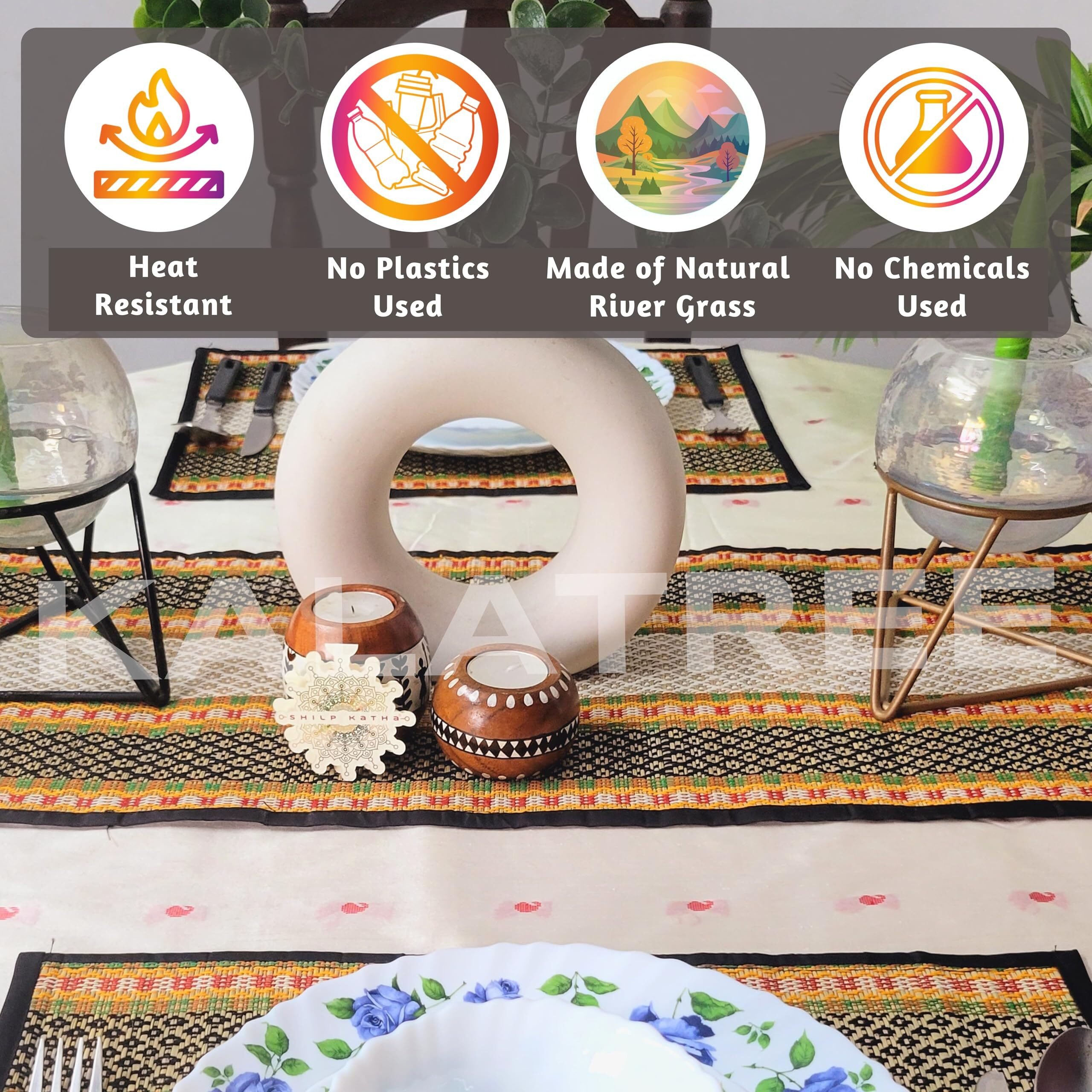 Kalatree Handmade River Grass Dining Table Mats Set Of 6 Pieces & Runner | Heat Resistant Korai Grass Dining Mats | Natural Eco Friendly Madurkathi Placemats For Dining Table | Royal Tablemats
