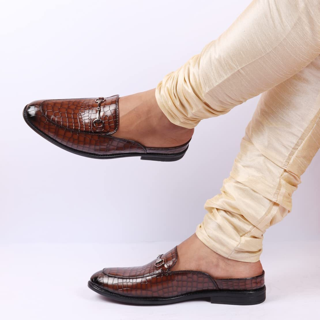 Fausto Fst Fosme-2012 Coffee-40 Men's Coffee Embossed Leopard Print With Horsebit Buckle Ethnic Party Back Open Slip On Mules Shoes (6 Uk)