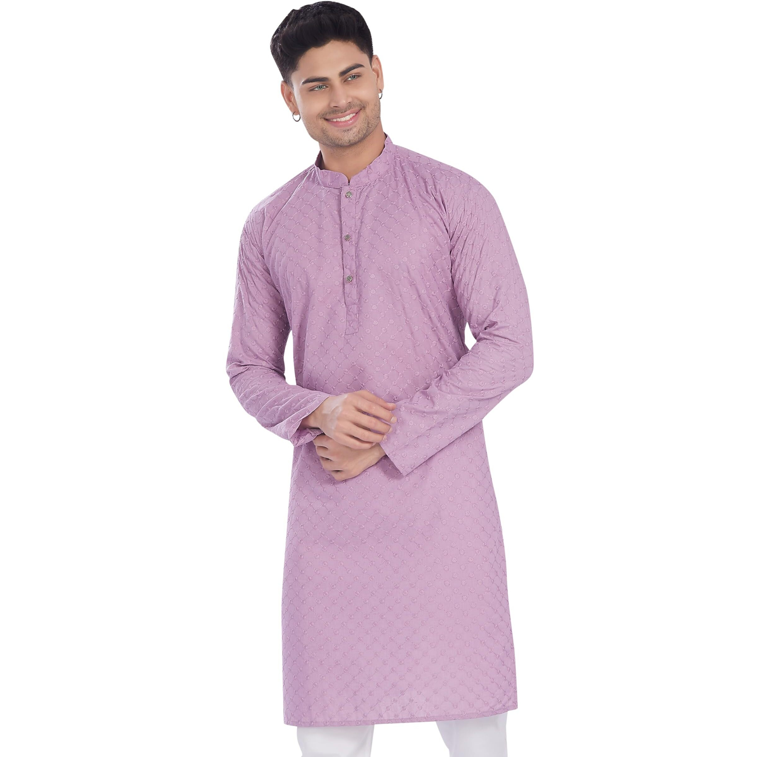 Divisive Men's Thread Embroidered Cotton Only Slim Fit Kurta (Dkrt636_M_Lavender)