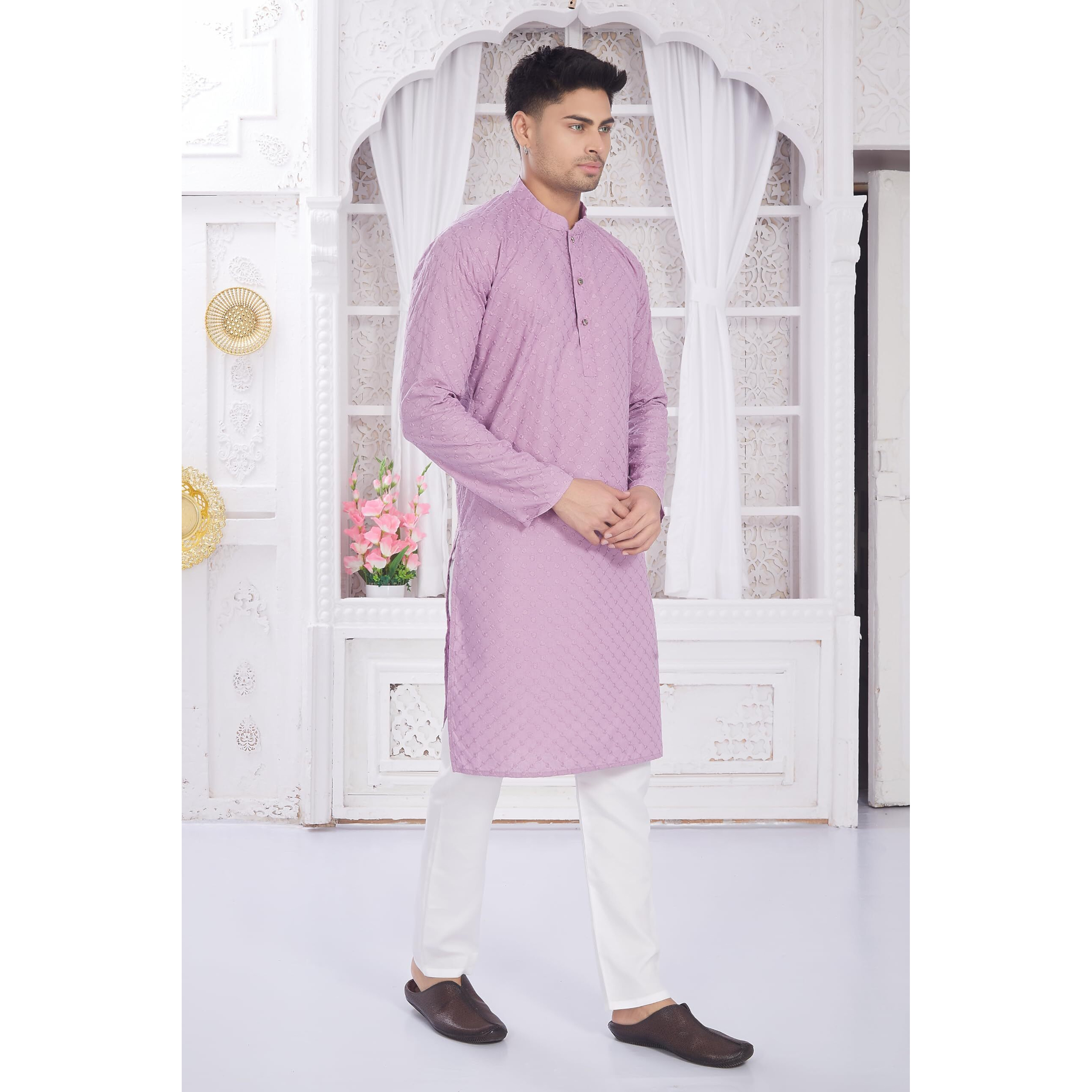 Divisive Men's Thread Embroidered Cotton Only Slim Fit Kurta (Dkrt636_M_Lavender)