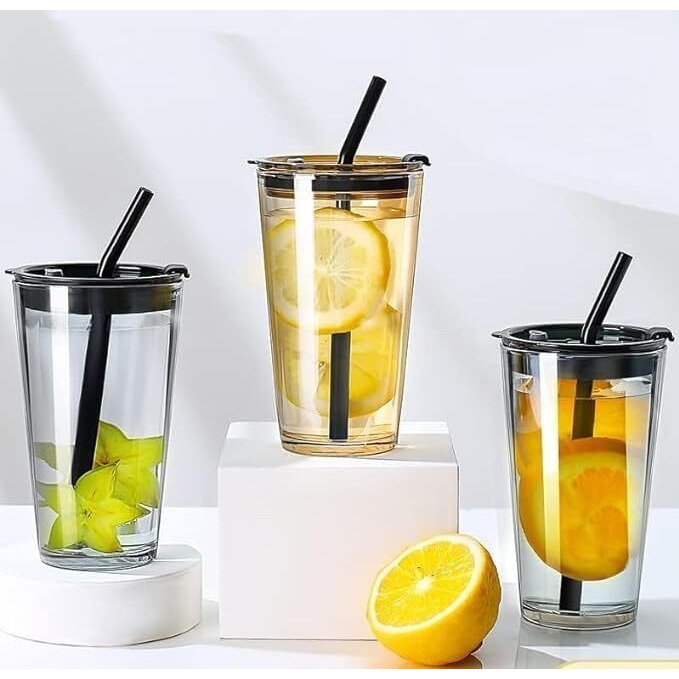 Kikiluxxa Reusable Glass Tumbler With Leather Grip Airtight Pack Of 1,Multipurpose Drinking Coffee Sipper Mug With Lid And Straw For Juice Water Smoothies Cocktail Home & Travel Bottle - 400 Ml