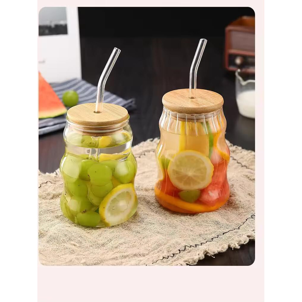 Kikiluxxa Round Green Tea Coffee Glass Cup Mug Can Sipper With Lid And Straw-510Ml-1Pcs Only- Fruit Juice Milk Glass Tumbler With Straw (Vilost Can 1)