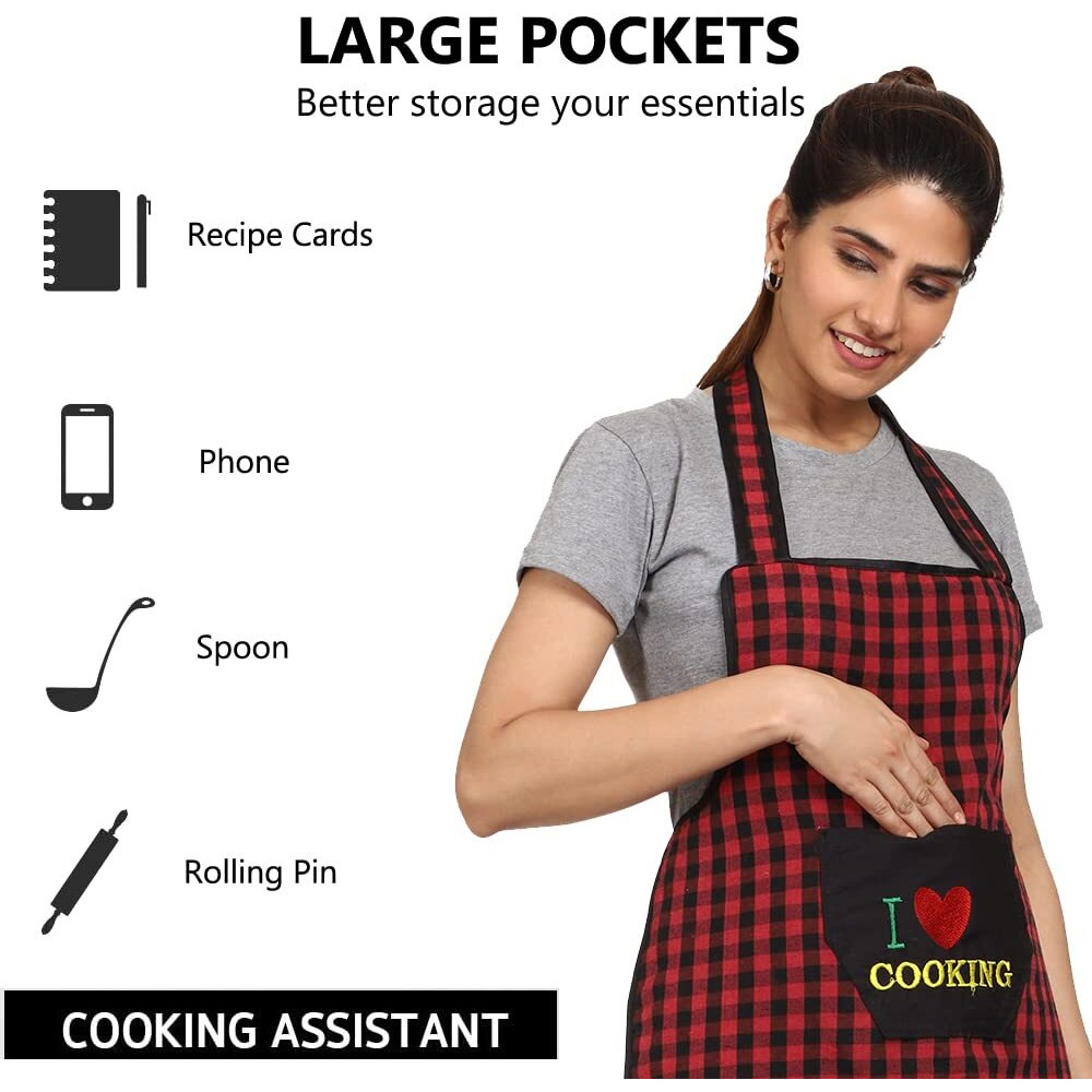 Jmi Cotton Checkered Design Waterproof Apron With Multipurpose Front Large Embroidered Pocket Pack Of 2 (Black & Red)