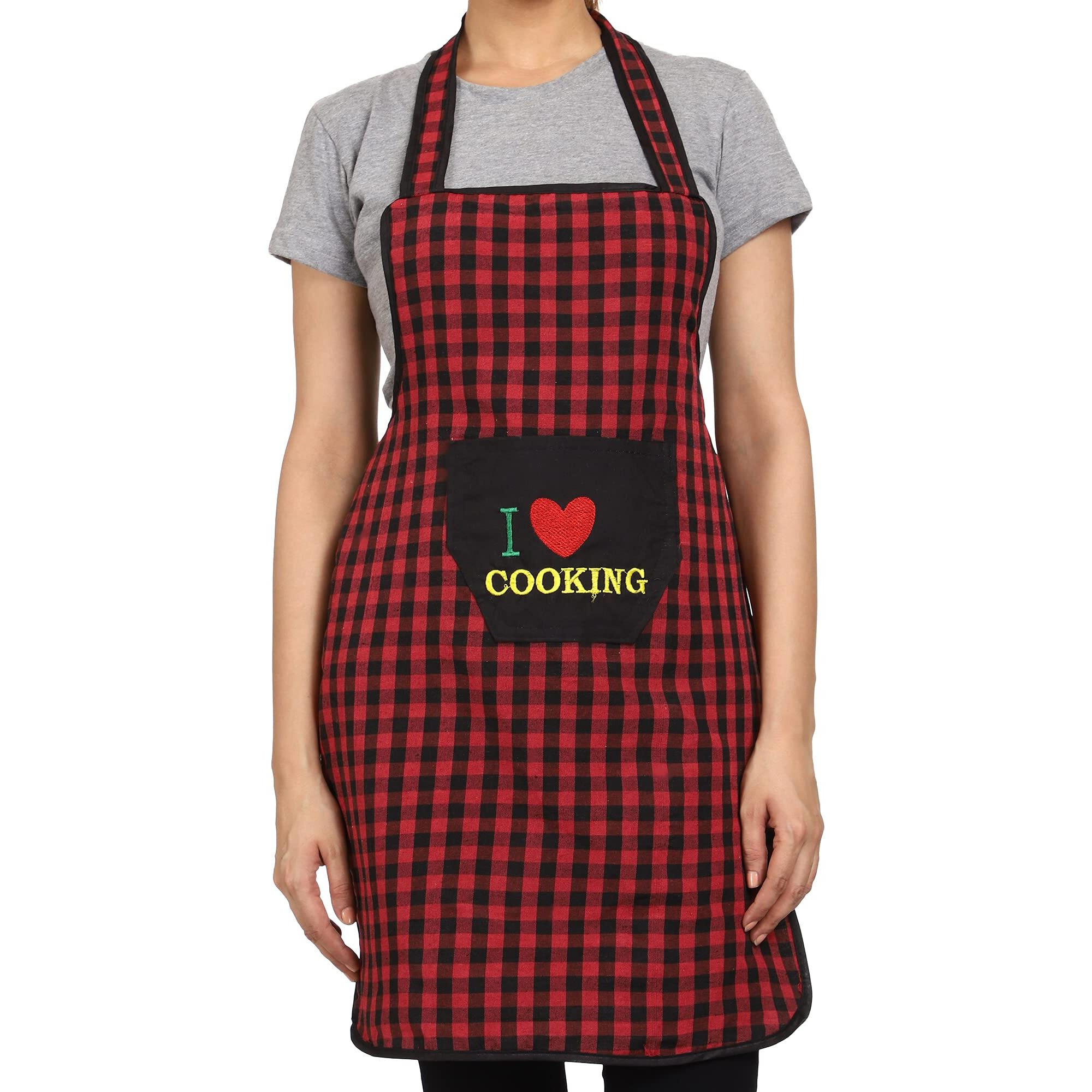 Jmi Cotton Checkered Design Waterproof Apron With Multipurpose Front Large Embroidered Pocket Pack Of 2 (Black & Red)