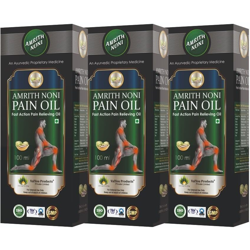 Amrith Noni Pain Oil Ayurvedic Pain Relief Oil For Back Pain, Joint Pain, Knee Pain, Body Pain, Ankle Pain, Muscle Pain, Neck Pain, Wrist Pain, Elbow Pain (100Ml) - Pack Of 3