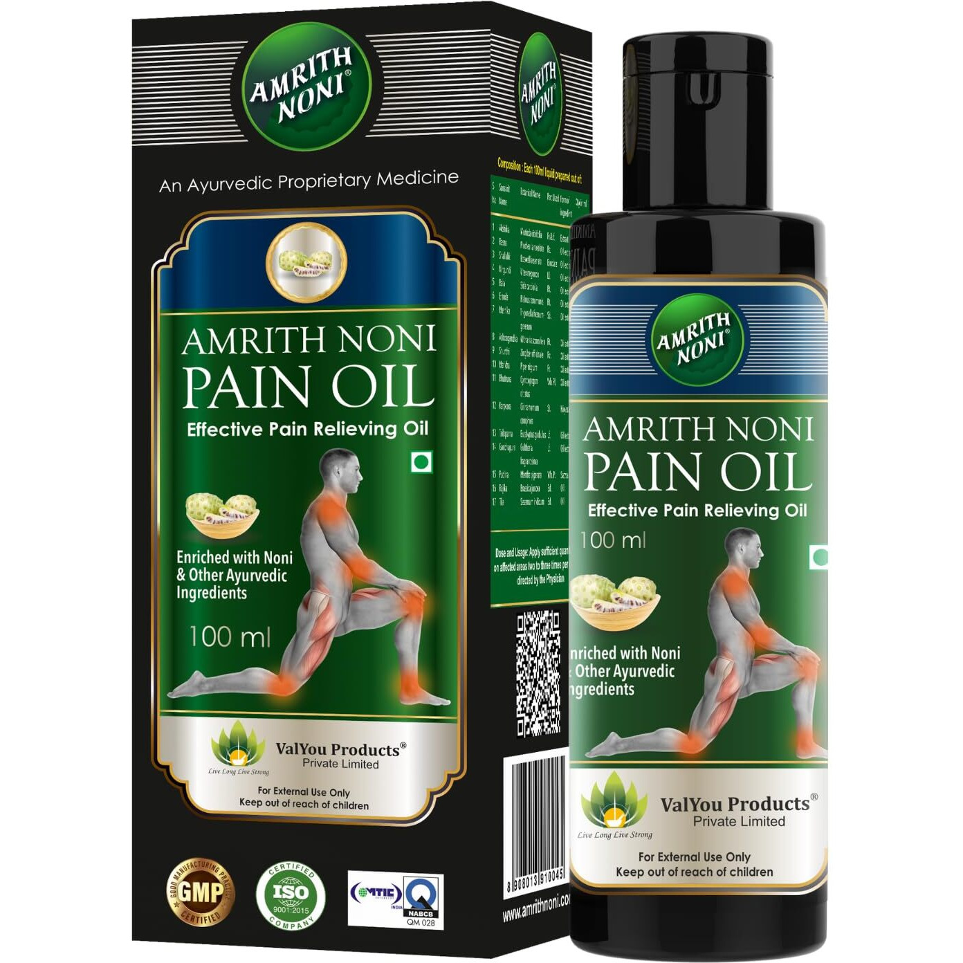 Amrith Noni Pain Oil Ayurvedic Pain Relief Oil For Back Pain, Joint Pain, Knee Pain, Body Pain, Ankle Pain, Muscle Pain, Neck Pain, Wrist Pain, Elbow Pain (100Ml) - Pack Of 3