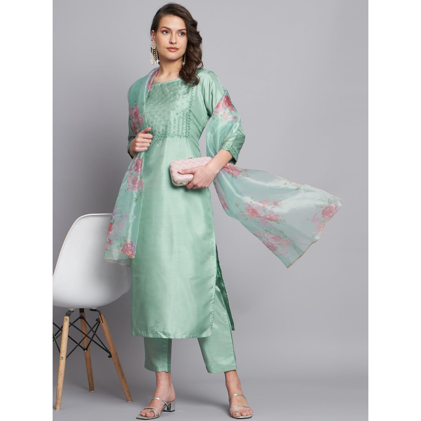 Vredevogel Women's Silk Blend Embroidered Straight Kurta Pant Set With Organza Dupatta (Sea-Green_Small)