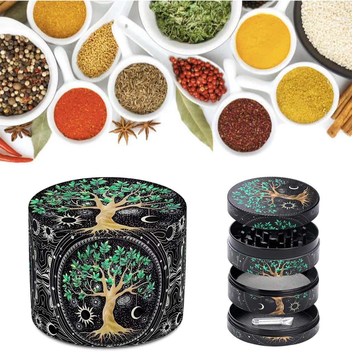 Supvox Tree Of Life Herb Storage Grinder Zinc Alloy Spice Mill With Precision Teeth, 4-Layer Design, Aesthetic Kitchen Tool For Herbs & Spices