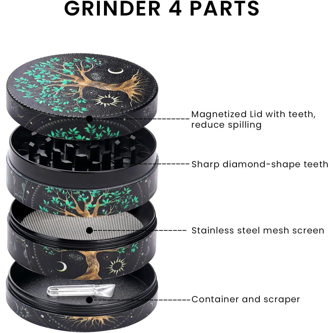 Supvox Tree Of Life Herb Storage Grinder Zinc Alloy Spice Mill With Precision Teeth, 4-Layer Design, Aesthetic Kitchen Tool For Herbs & Spices