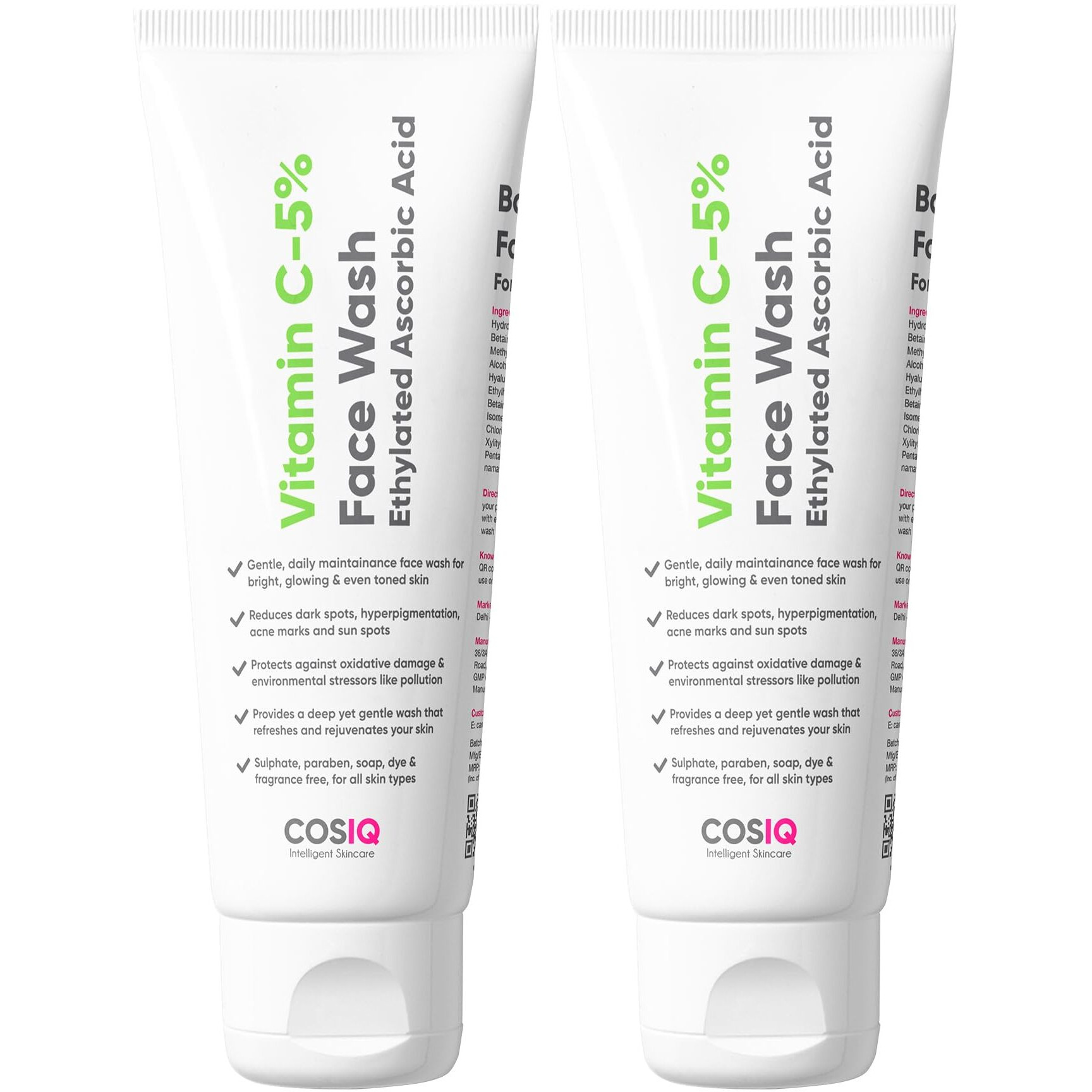 Cos-Iq 5% Vitamin C Face Wash Pack Of 2 X 100Ml For Glowing And Brightening Skin | All Skin Types | Fight Acne, Dark Sport, Hyperpigmentation & Sun Sports|Multi-Action Formula Facewash For Women & Men