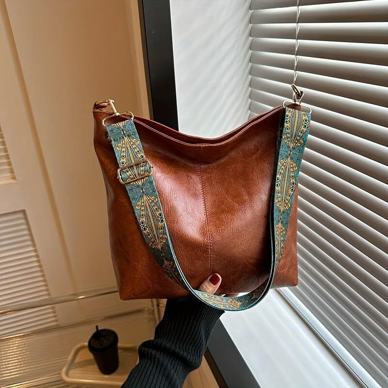 Kawn Sling Bag For Women Girls With Wide Bohemian Guitar Strap Small Hobo Shoulder Bags For Work, Travel Vegan Leather Retro Fashion Crossbody Bag Ladies Purses With Zipper Handbags For Women (Brown)
