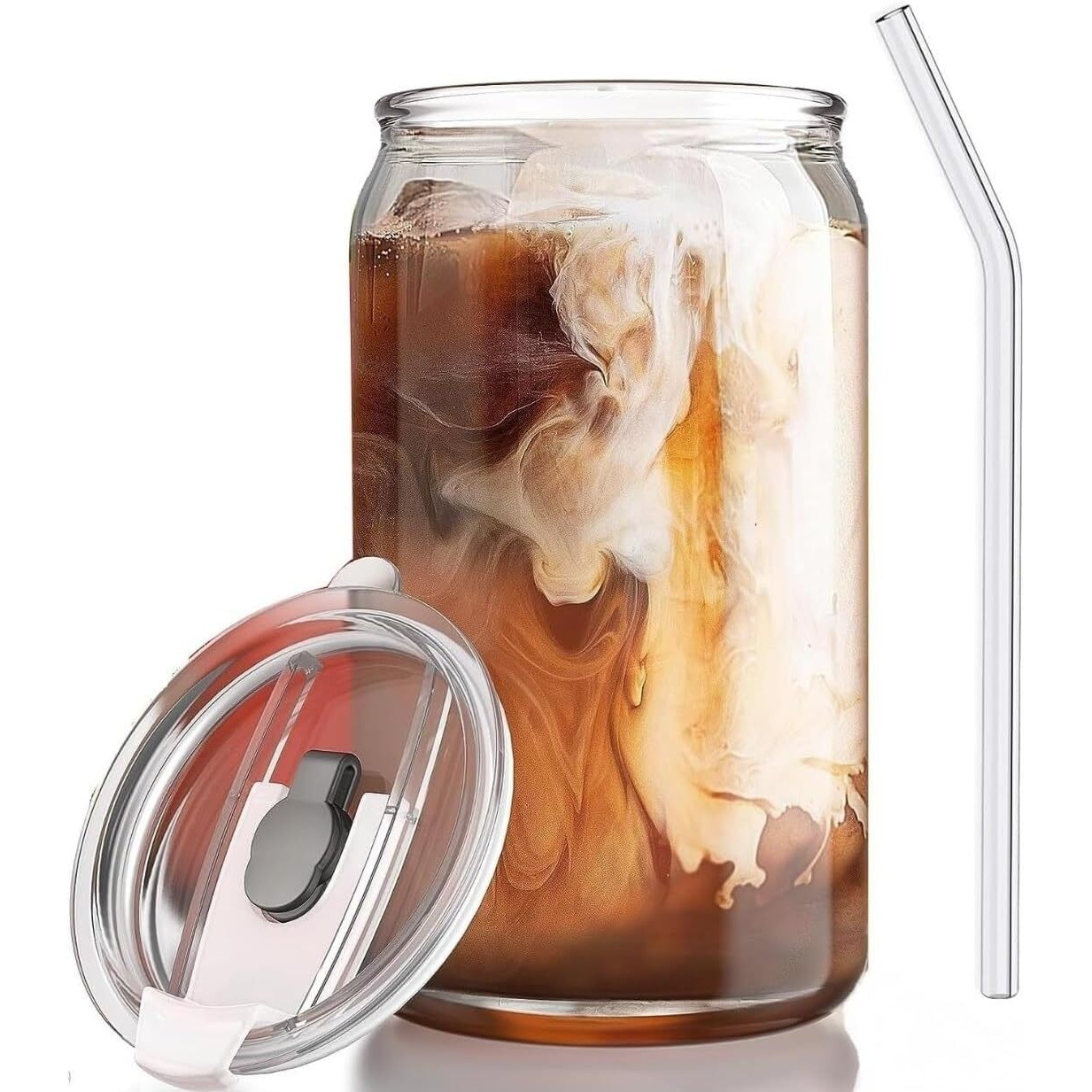 Kikiluxxa Glass Coffee Sipper Can Mug With Straw, Transparent Glass Fruit Juice Milk Sipper Tumbler Cup Mug With Lid - 540Ml - Pack Of 1 - Tea And Coffee Glass Cup Can Set (Zemba Acreylic Can)