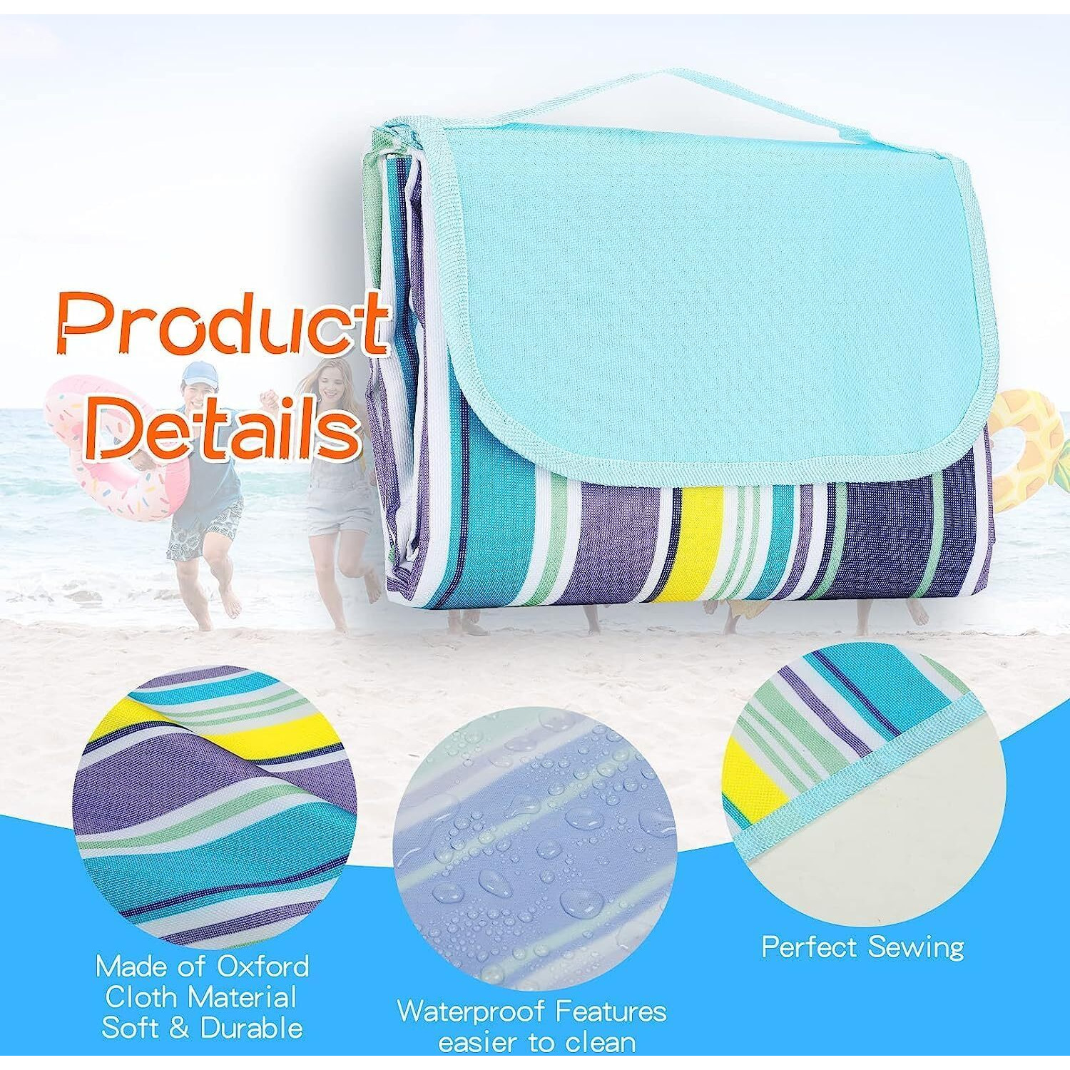 Oxsam Picnic Blanket Waterproof Beach Rug 200150Cm Large Beach Picnic Mat With Portable Handy Tote For Travel Sports Home Yoga Park Grass Picnic (Blue Lines)