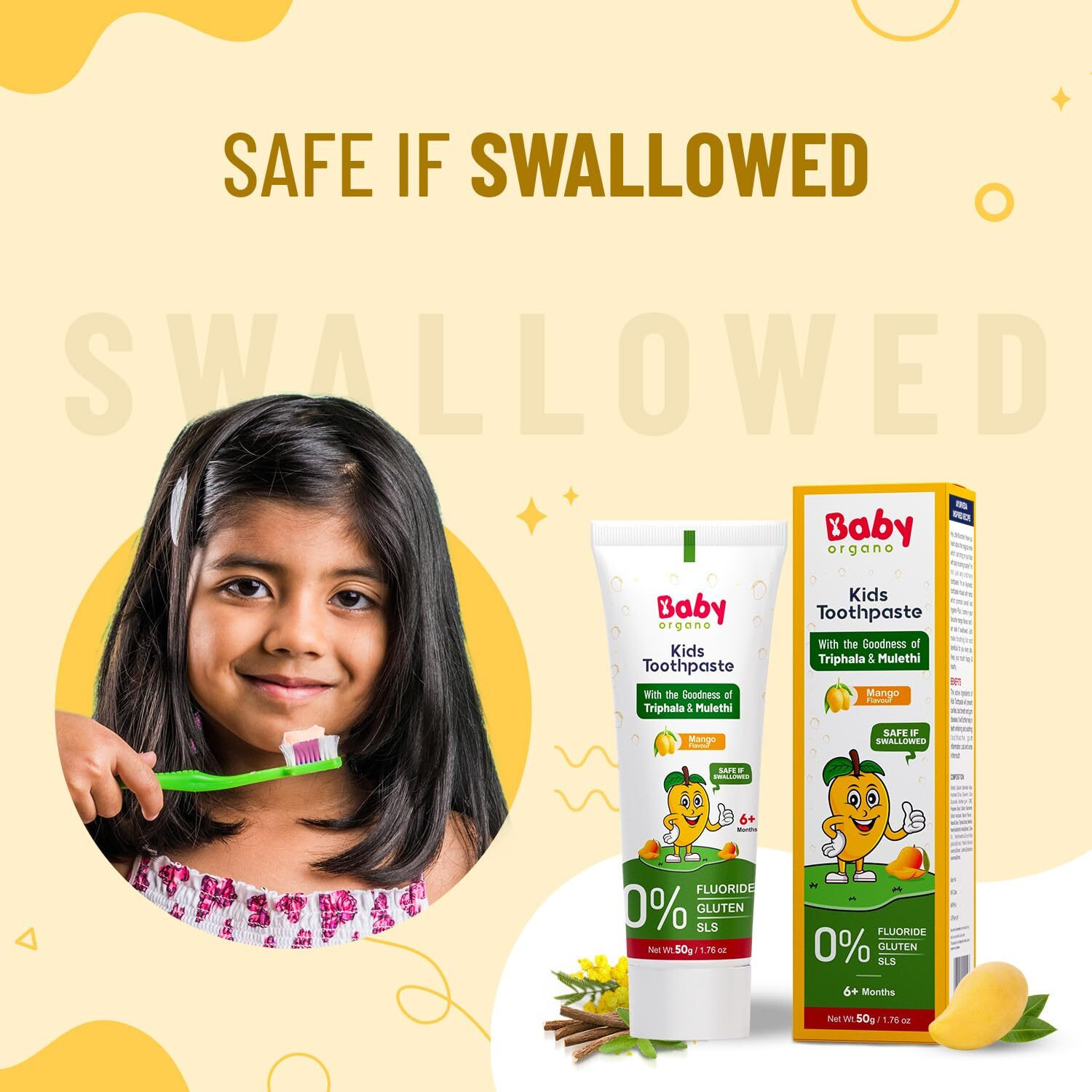 Babyorgano Herbal Toothpaste For Kids L 100% Ayurvedic L Non Gel Formula L Goodness Of Babool And Mulethi L Mango Flavour L Fluoride & Sls Free L Fdca Approved - 50Gm (Pack Of 1)