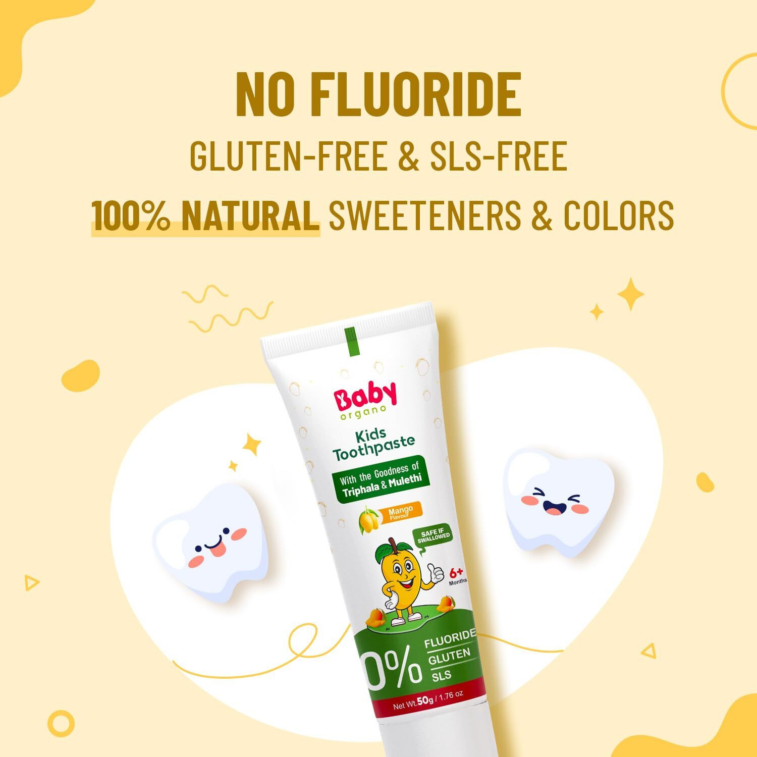 Babyorgano Herbal Toothpaste For Kids L 100% Ayurvedic L Non Gel Formula L Goodness Of Babool And Mulethi L Mango Flavour L Fluoride & Sls Free L Fdca Approved - 50Gm (Pack Of 1)