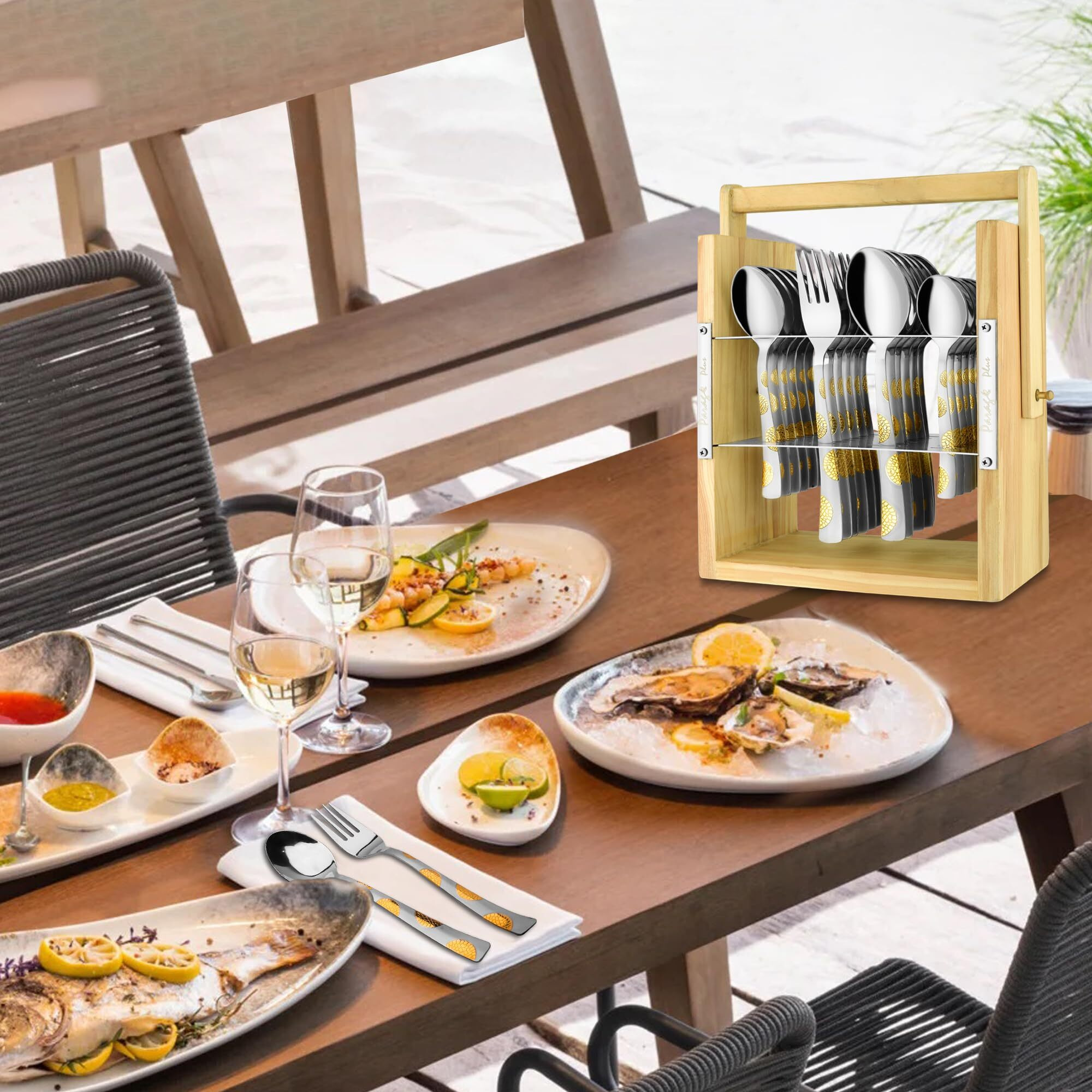 Parage 25 Pieces Stainless Steel Moonpress Cutlery Set With Wooden Hanging Stand For Dining Table (Contains 6 Tea Spoons, 6 Table Spoons, 6 Table Forks, 6 Dinner Spoon), 24K Golden Plated Spoon Set