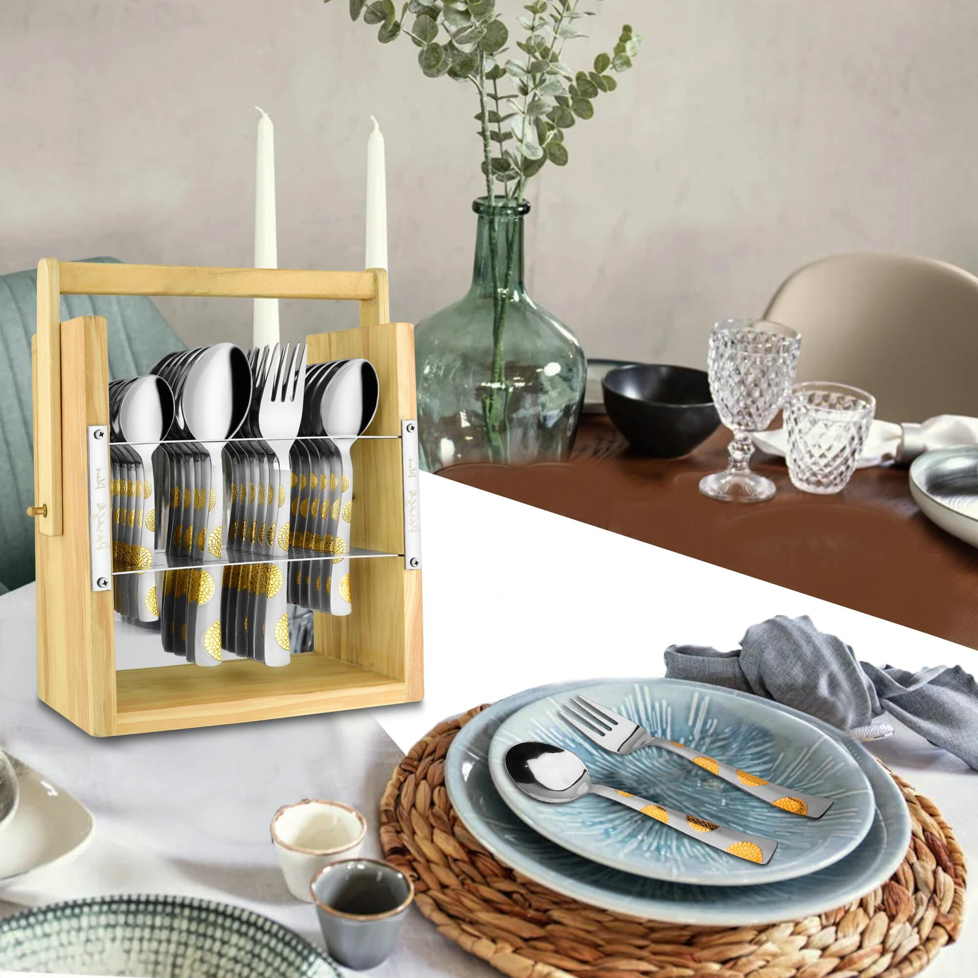 Parage 25 Pieces Stainless Steel Moonpress Cutlery Set With Wooden Hanging Stand For Dining Table (Contains 6 Tea Spoons, 6 Table Spoons, 6 Table Forks, 6 Dinner Spoon), 24K Golden Plated Spoon Set