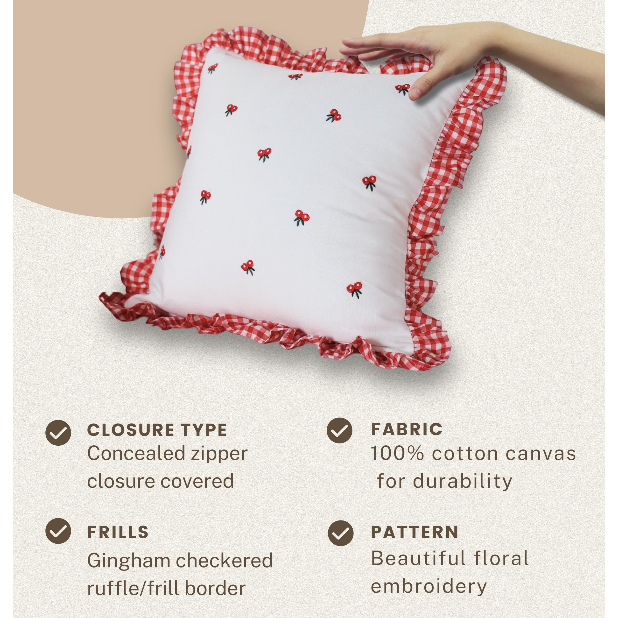 Sleepy Threads Cotton Cushion Cover Red & White | Pack Of 2 | Square Floral Embroidered With Ruffle Frill Edging Throw For Sofa, Deewan,Couch, 16X16 Inch/ 40X40 Cm-220 Tc