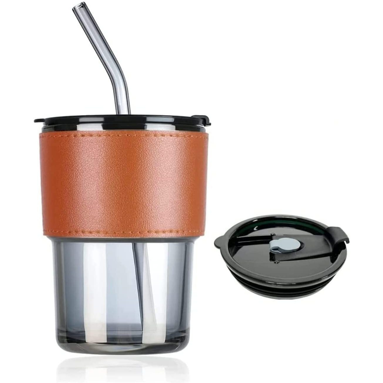 Kikiluxxa Coffee Glass Reusable Sipper Bottle With Leather Sleeve Glass Coffee Mug With Silicone Straw And Leakproof Lid Tumbler For Coffee,Tea, Milk Beverages 435Ml