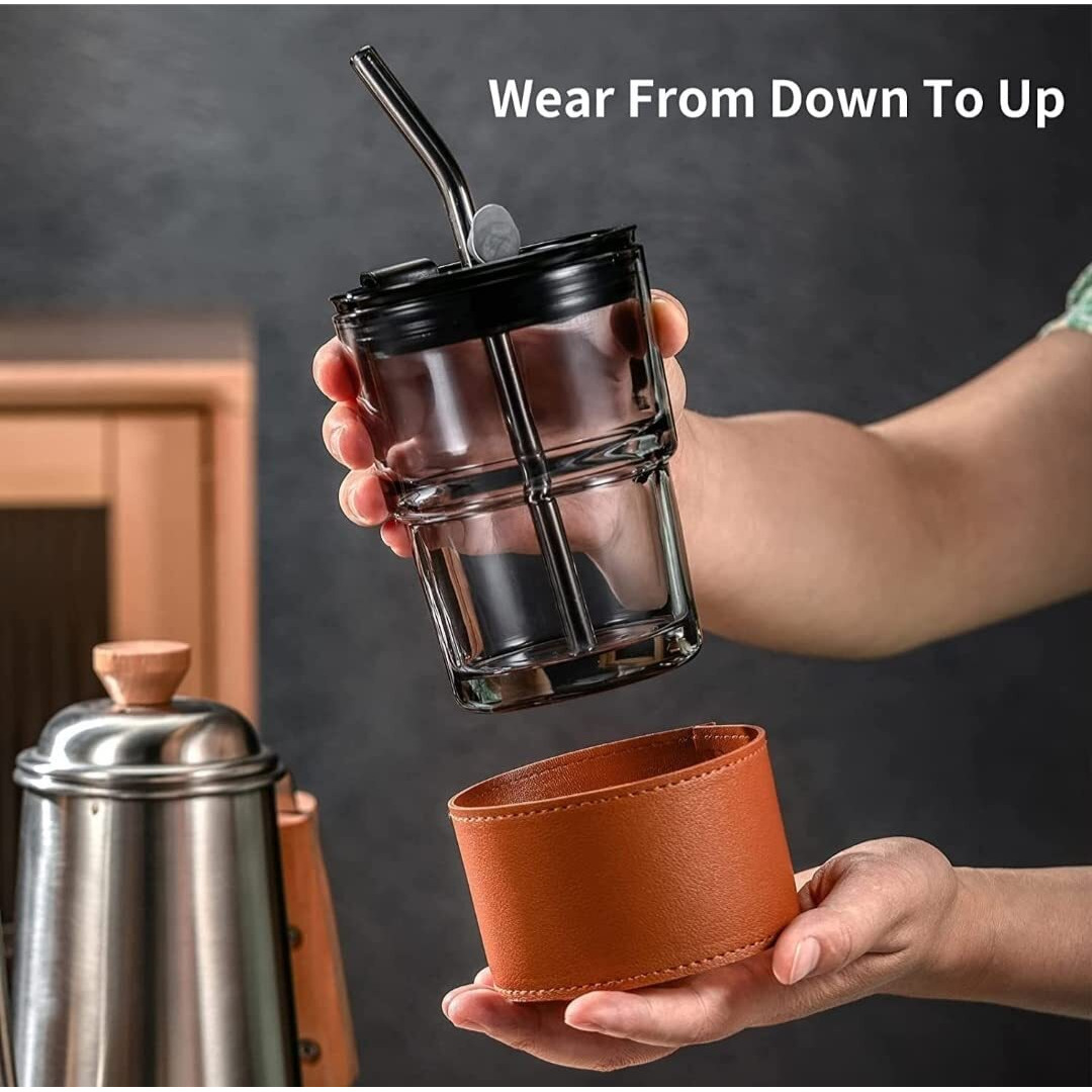 Kikiluxxa Coffee Glass Reusable Sipper Bottle With Leather Sleeve Glass Coffee Mug With Silicone Straw And Leakproof Lid Tumbler For Coffee,Tea, Milk Beverages 435Ml