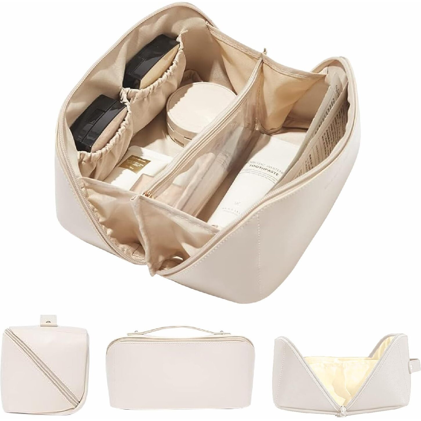 Jd Fresh Wide Opening Leather Makeup Organizer Bag/Large Capacity Cosmetic Pouch With Partition & Carry Strap/Portable Toiletry & Vanity Bag For Women/Travel Makeup Bag(White)