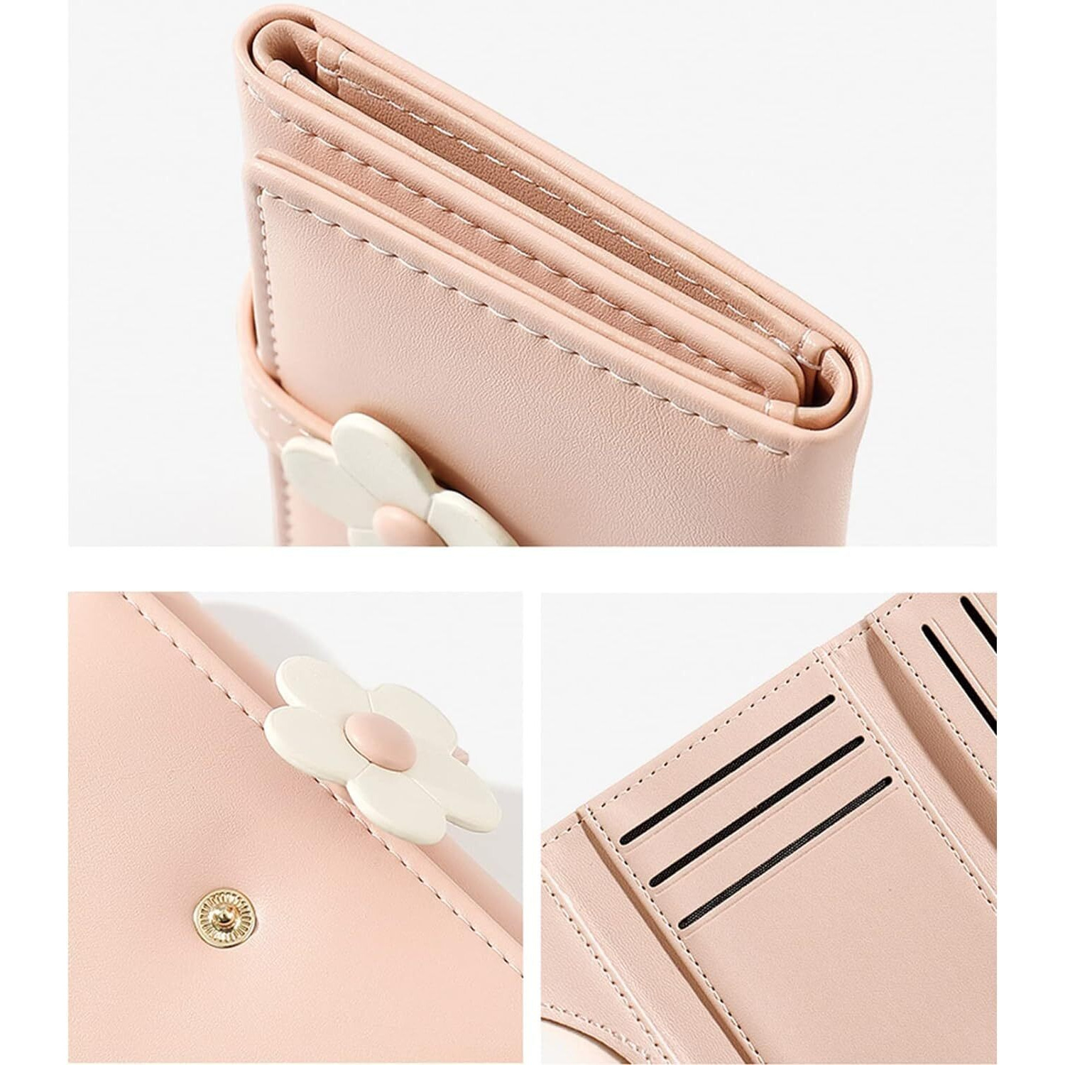 Valerie Cute Small Wallets For Teen Girl Women Pu Leather Trifold Small Wallet Cash Pocket 3D Floral Buckle Card Holder Coin Purse With Id Window For Girls Women (Pink)