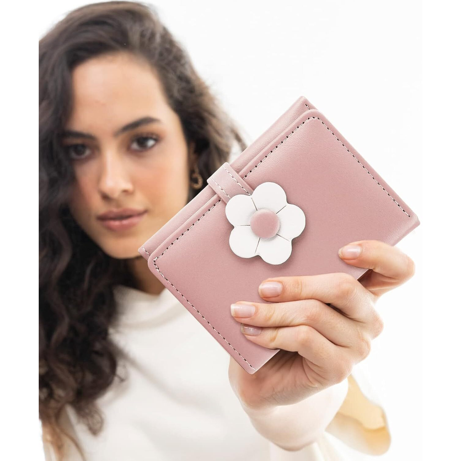 Valerie Cute Small Wallets For Teen Girl Women Pu Leather Trifold Small Wallet Cash Pocket 3D Floral Buckle Card Holder Coin Purse With Id Window For Girls Women (Pink)