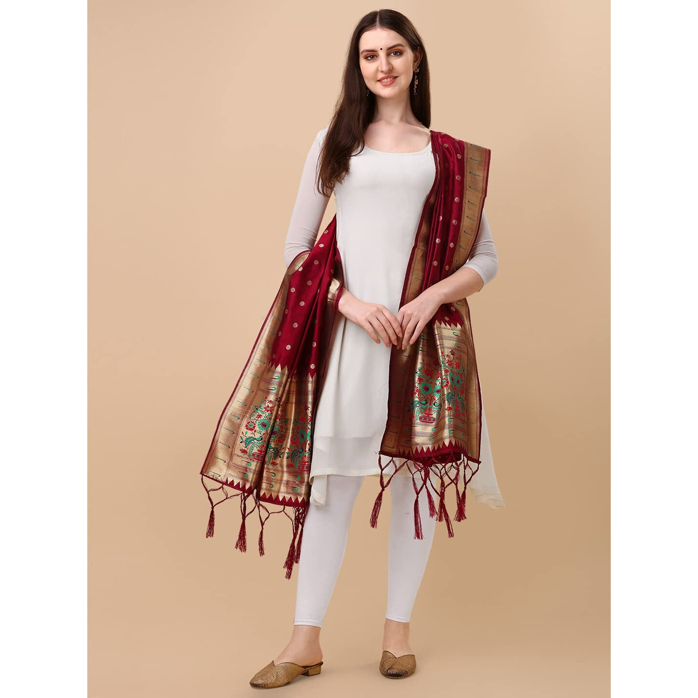 Devangi Women's Woven Paithani Banarasi Silk Dupatta/Chunni For Women, Animal Print 1 Meter Wide And 2.3 Meter Length Printed Designer Dupatta/Chunni For Girls (Maroon)