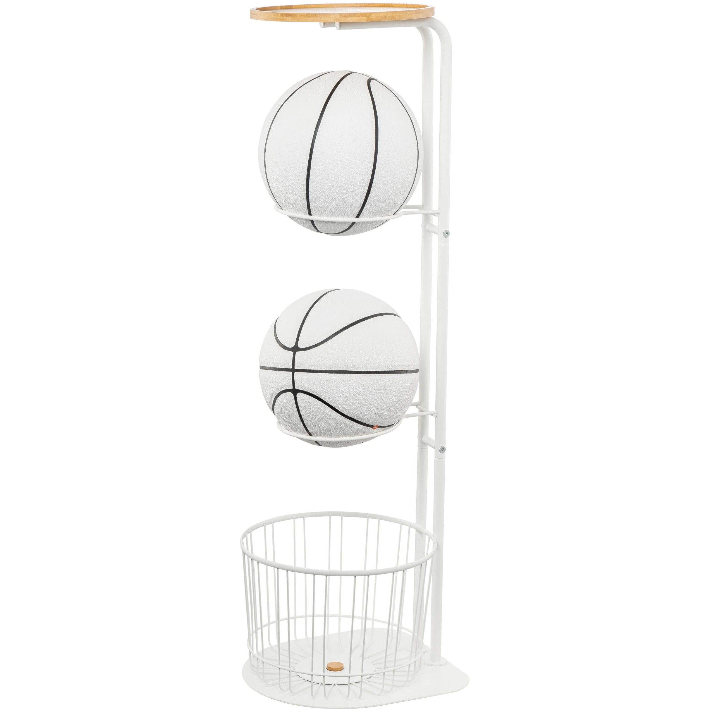 Arhat Organizers Portable 3-Tier Sports Ball Storage Stand With Basket | Freestanding Football Ball, Basketball, Volley Ball Stand Organizer Rack | Garage Sports Balls Round Storage Shelf Rack (White)