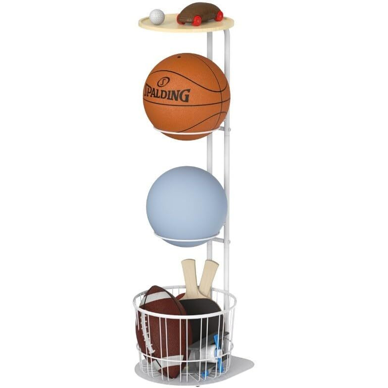Arhat Organizers Portable 3-Tier Sports Ball Storage Stand With Basket | Freestanding Football Ball, Basketball, Volley Ball Stand Organizer Rack | Garage Sports Balls Round Storage Shelf Rack (White)