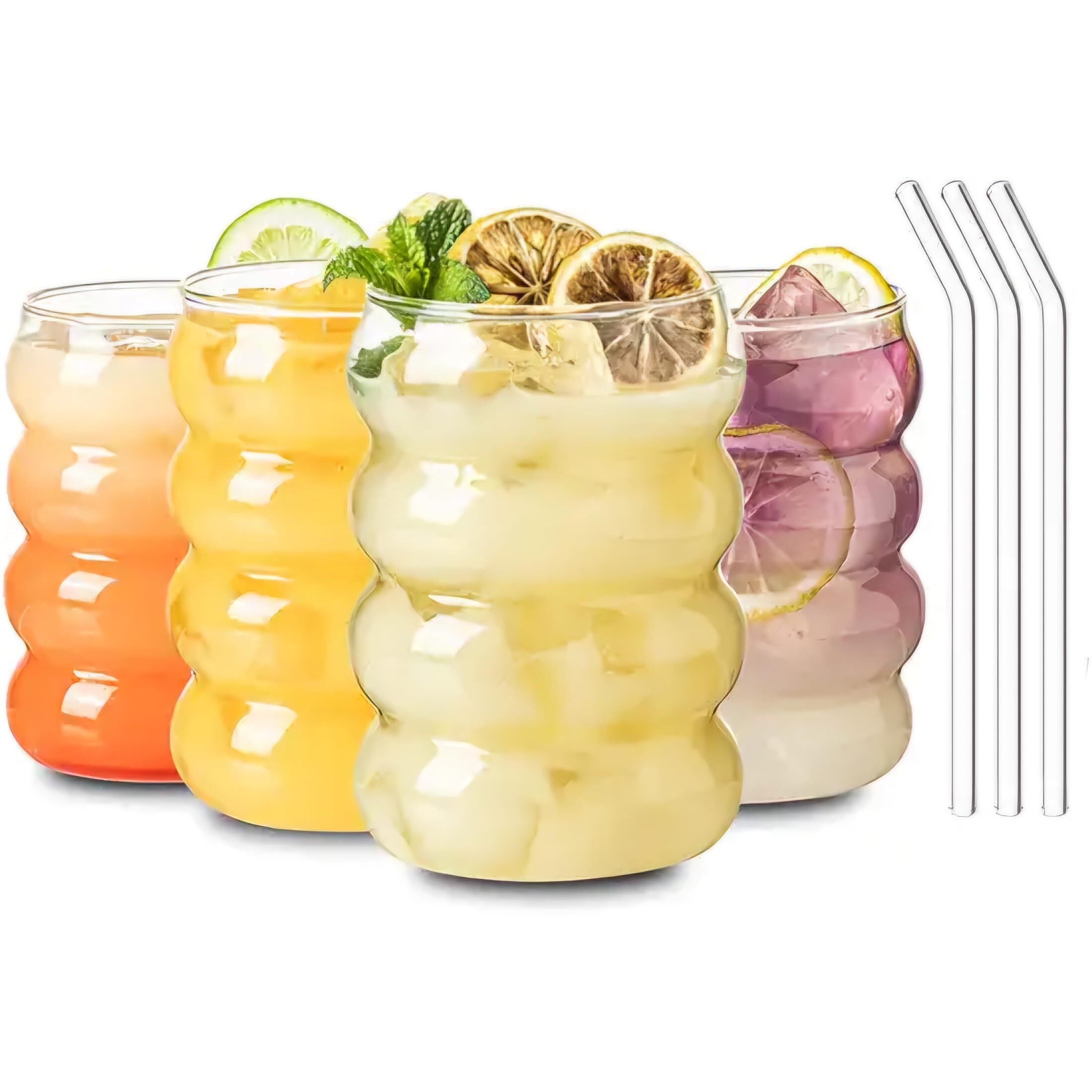 Kikiluxxa Round Wave Looked Glass Cola Mug Cancoffee Glass Sipper With Straw-530Ml-Pack Of 1- Milk Cup -Juice Green Tea Glass Tumbler With Straw (Szubelin Lcan 1)