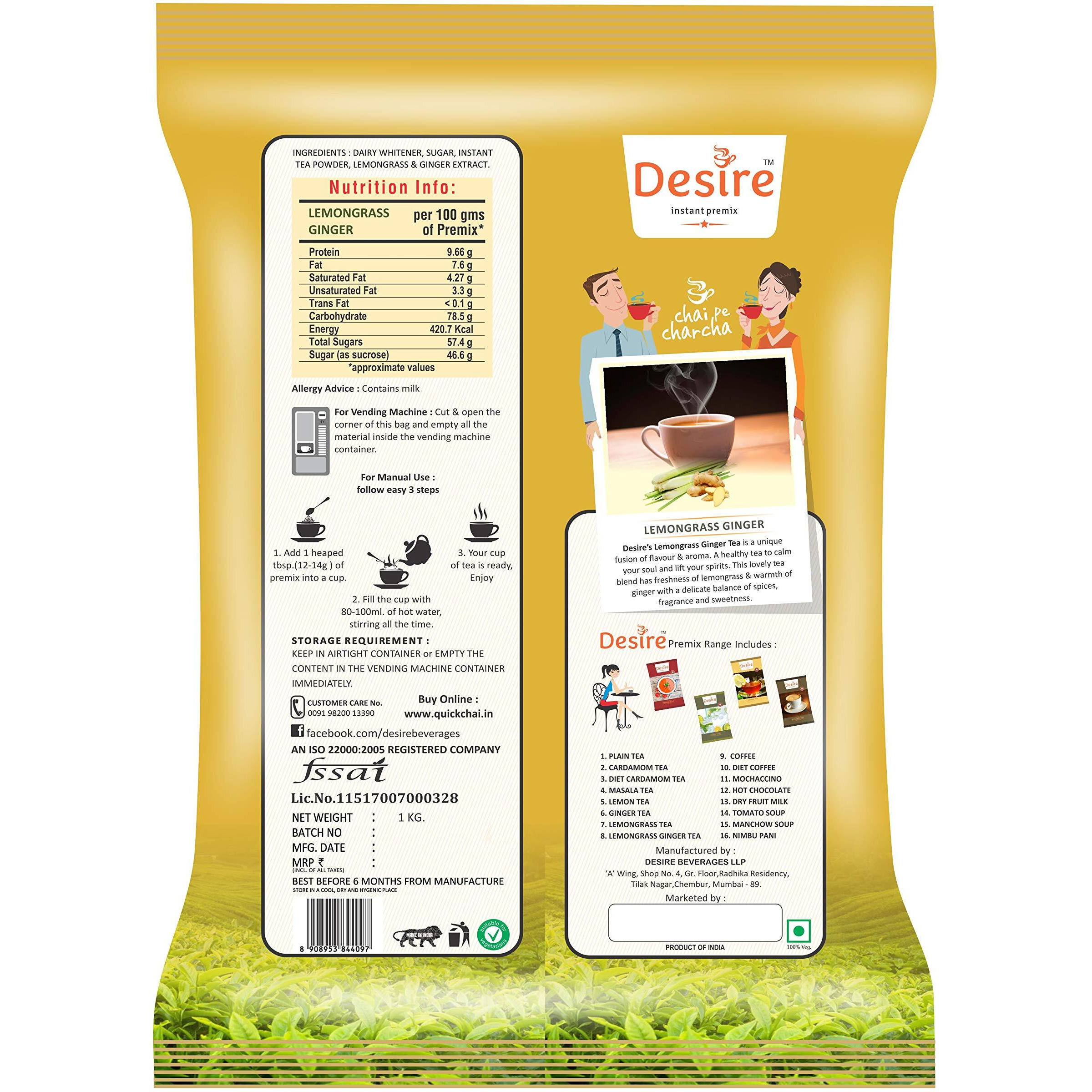 Desire Instant Premix Lemon Grass Ginger Tea Instant Premix For Both Manual And Vending Machines, Instant Tea Mix, Lemon Grass Ginger Flavor, Refreshing Taste (Lemongrass, Powder, 1 Kg)