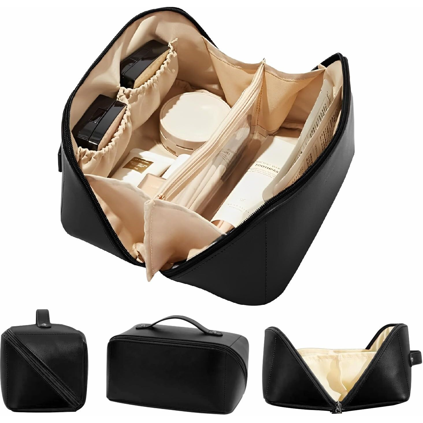 Jd Fresh Wide Opening Leather Makeup Organizer Bag/Large Capacity Cosmetic Pouch With Partition & Carry Strap/Portable Toiletry & Vanity Bag For Women/Travel Makeup Bag(Black)