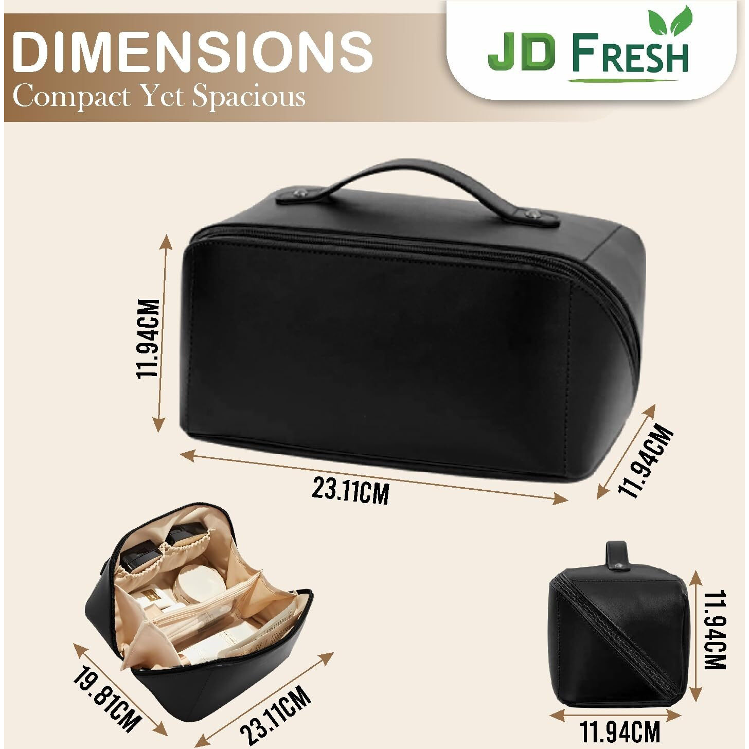 Jd Fresh Wide Opening Leather Makeup Organizer Bag/Large Capacity Cosmetic Pouch With Partition & Carry Strap/Portable Toiletry & Vanity Bag For Women/Travel Makeup Bag(Black)