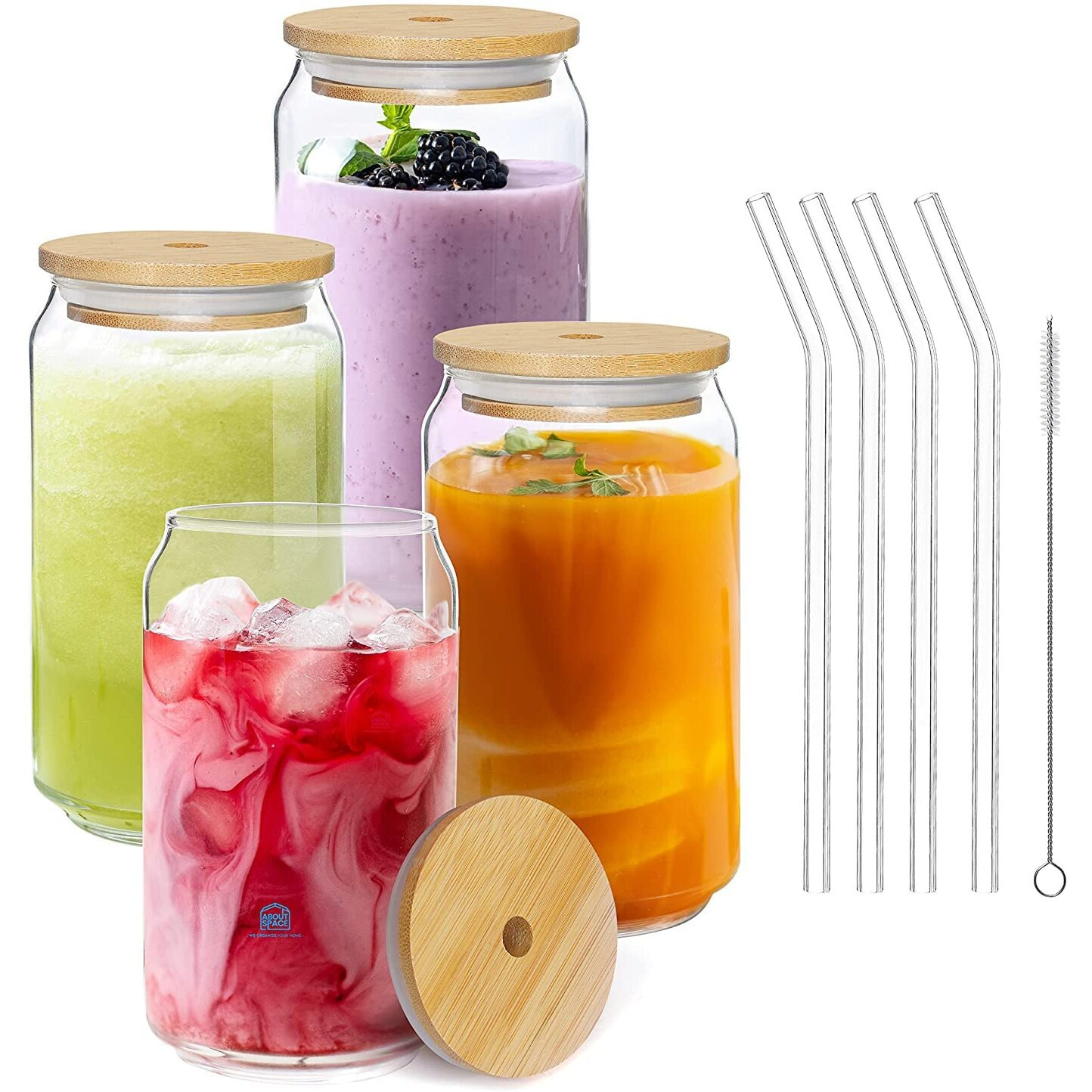 Kikiluxxa Glass Fruit Juice Milk Sipper Tumbler Mug With Lid And Glass Straw - 540Ml - Pack Of 2 - Tea And Coffee Cup Can Set (Halifax Plain Tumbler 2)