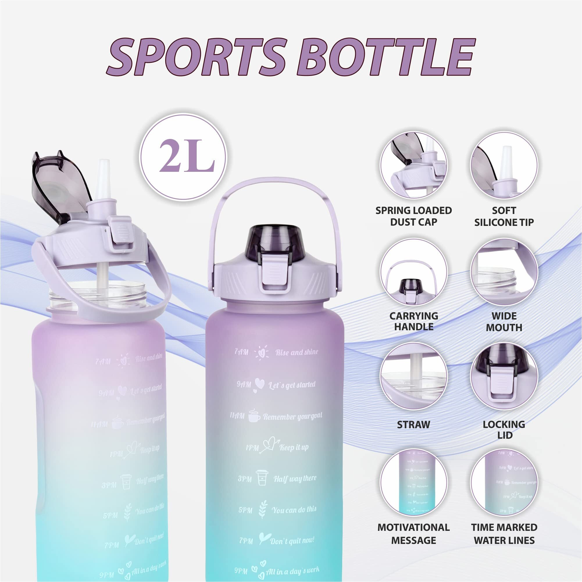 House Of Quirk Plastic 2 Litre 3D Sticker Water Bottle With Straw,Unbreakable Leak Proof Bpa Free For Gym Fitness Outdoor Sports Water Bottle, Purple/Blue,2 Liter
